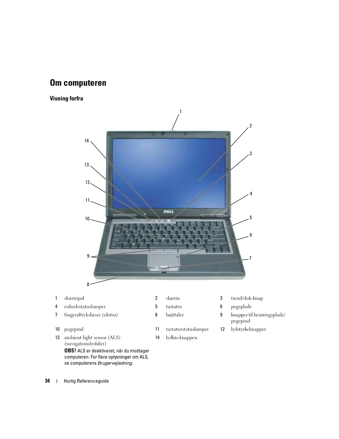 Dell D620 manual Om computeren, Visning forfra 