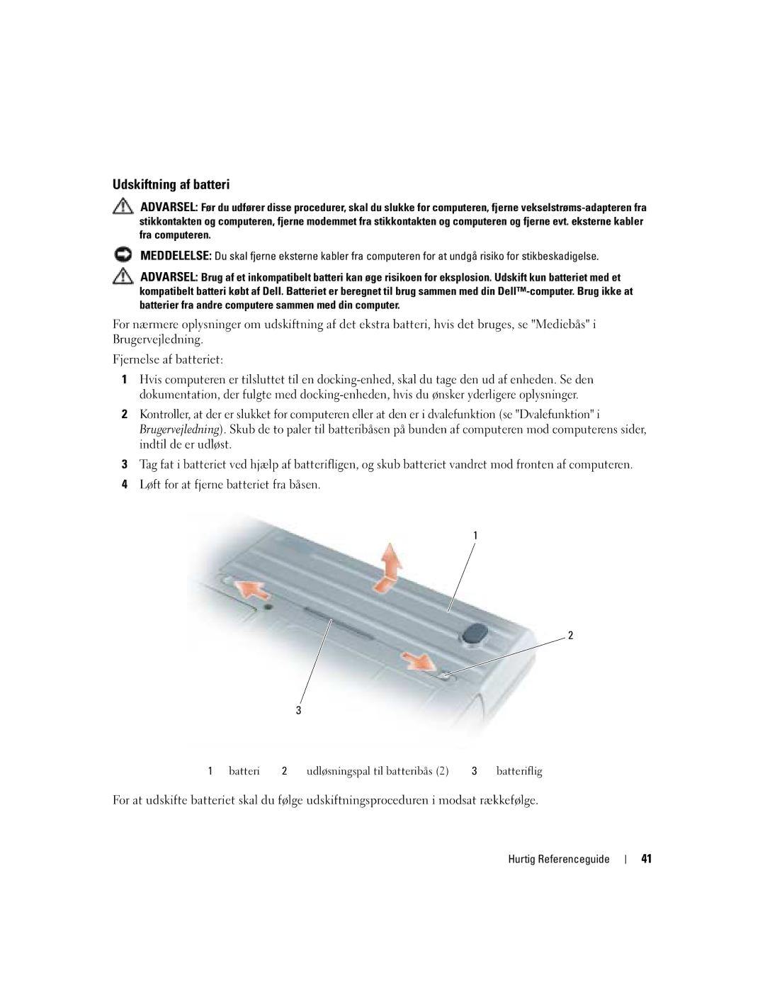 Dell D620 manual Udskiftning af batteri 