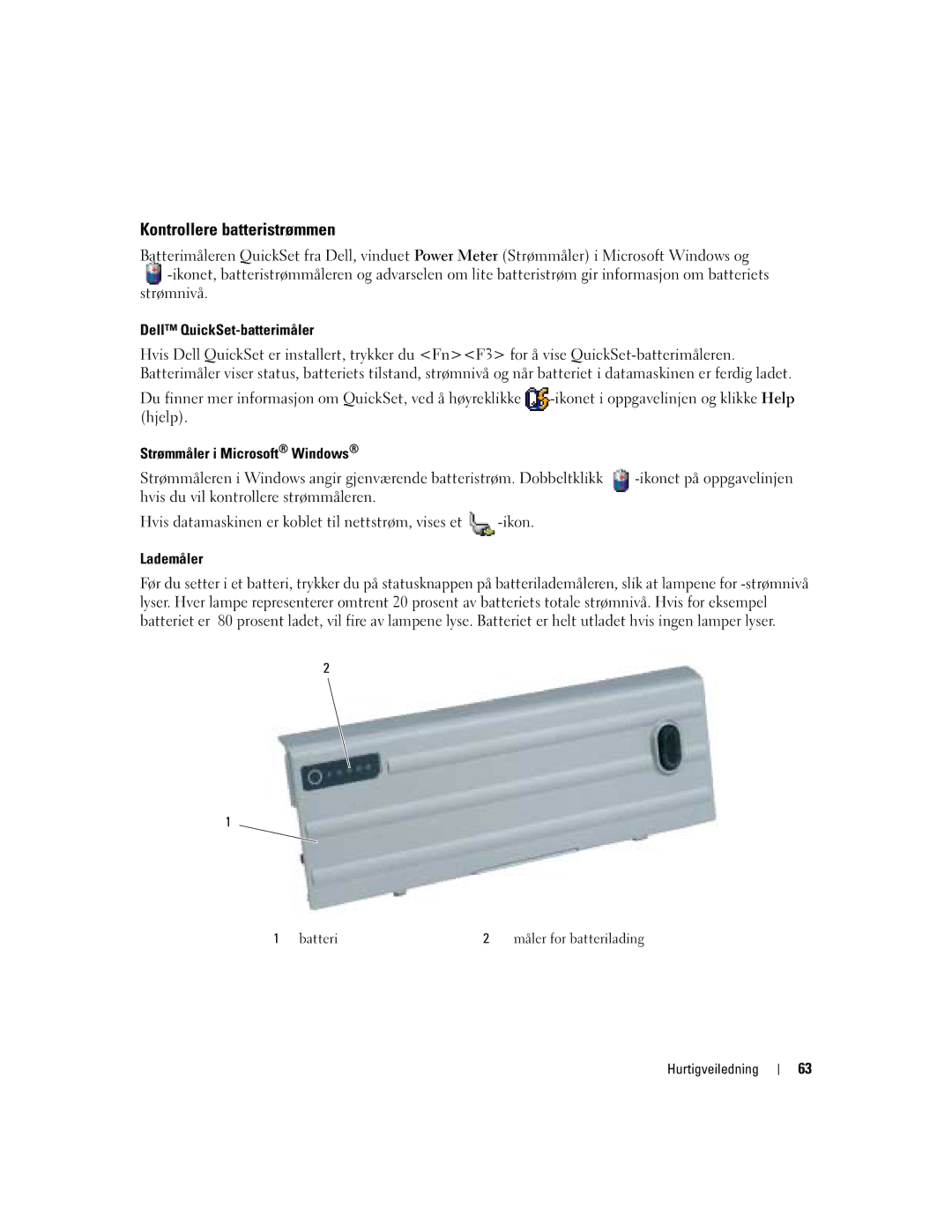 Dell D620 manual Kontrollere batteristrømmen, Strømmåler i Microsoft Windows, Lademåler 