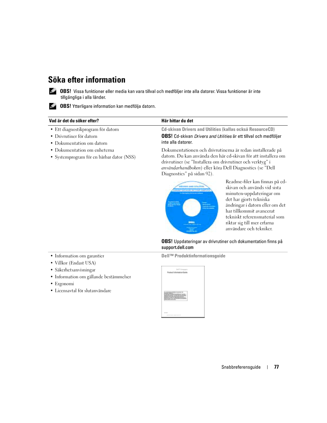 Dell D620 Söka efter information, Drivrutiner för datorn, Systemprogram för en bärbar dator NSS, Information om garantier 