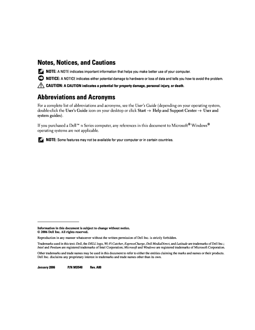 Dell D620 manual Notes, Notices, and Cautions, Abbreviations and Acronyms, January, P/N MD540 