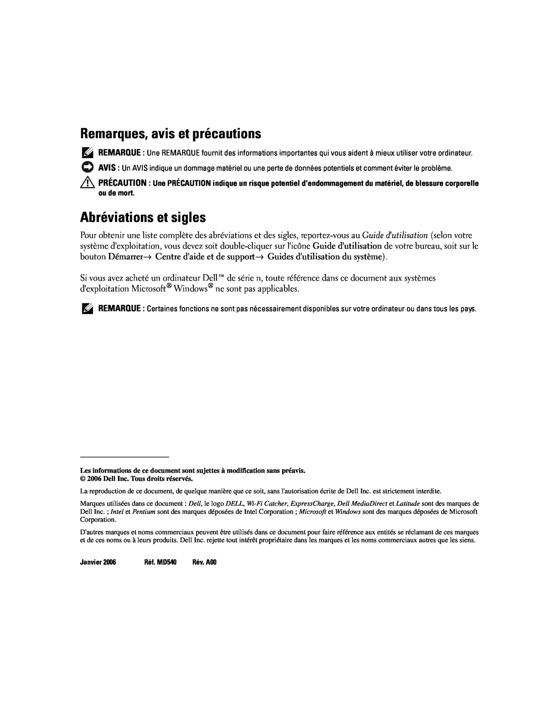 Dell D620 manual Remarques, avis et précautions, Abréviations et sigles 