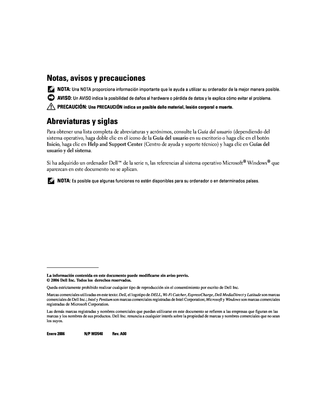 Dell D620 manual Notas, avisos y precauciones, Abreviaturas y siglas, Enero, N/P MD540 