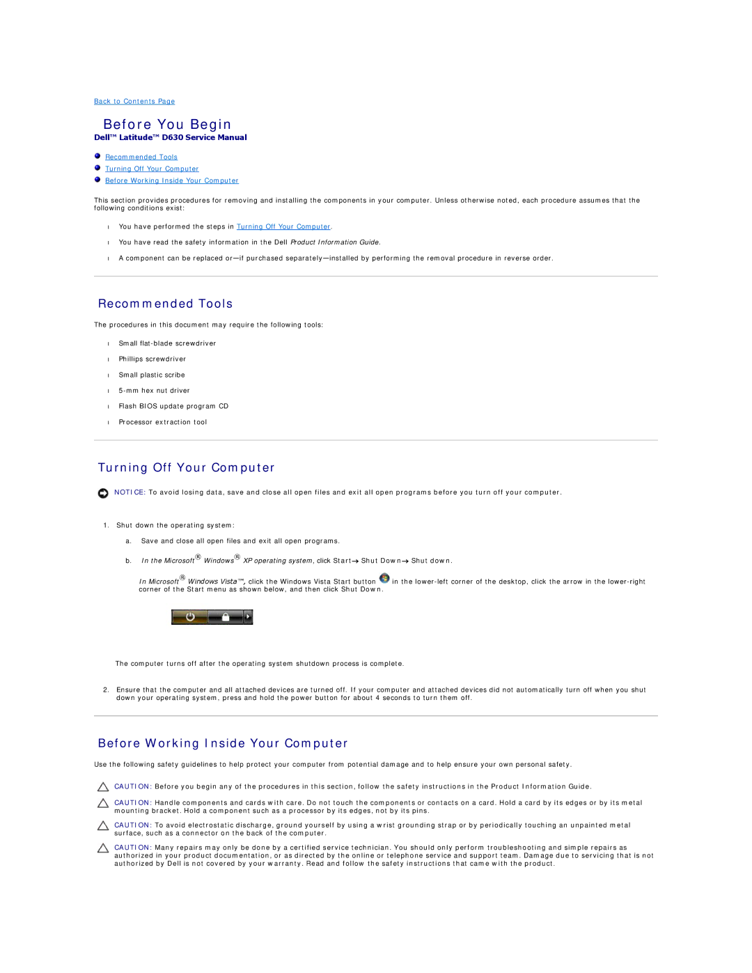 Dell D630-2X33GF1 Before You Begin, Recommended Tools, Turning Off Your Computer, Before Working Inside Your Computer 