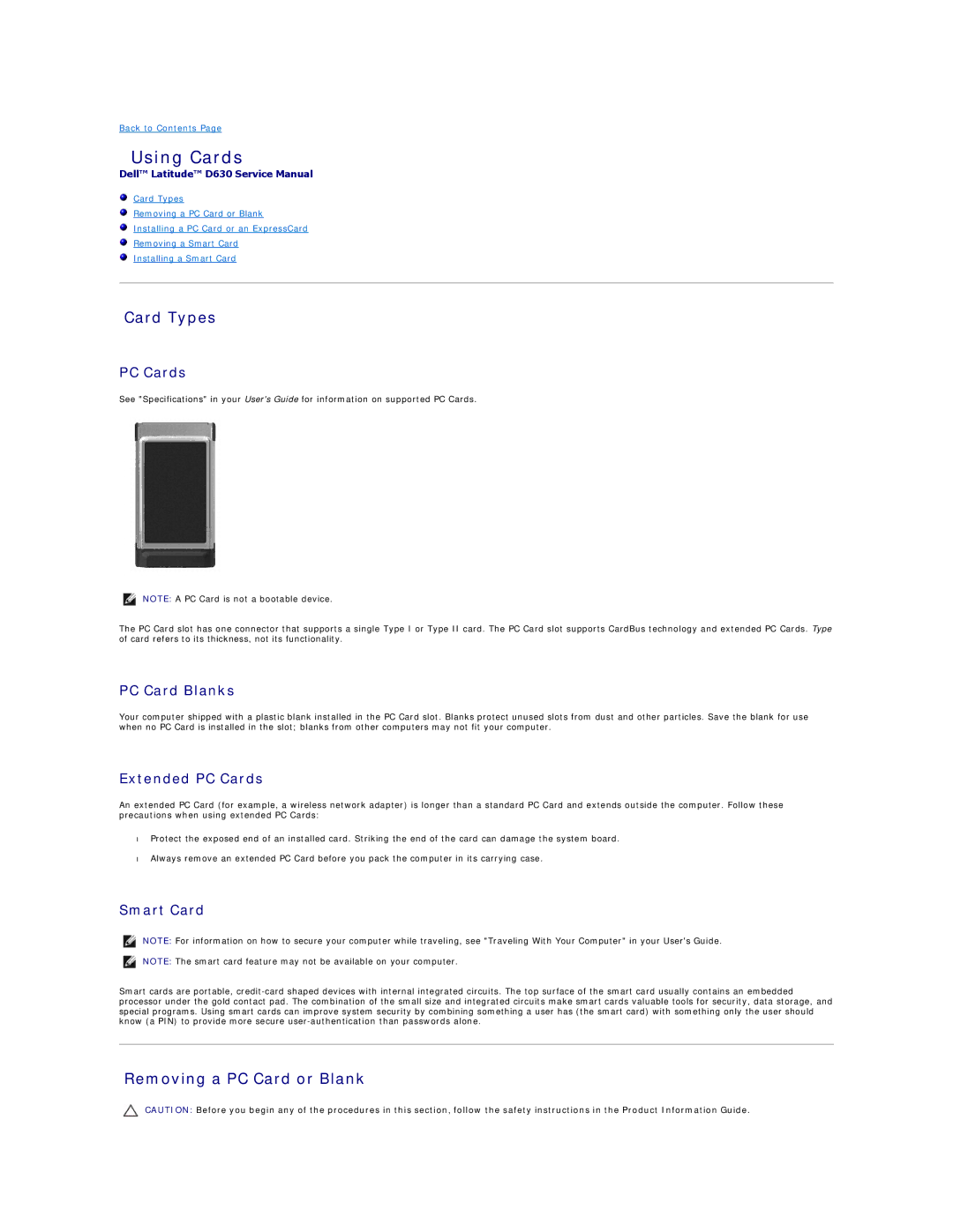 Dell D630-2X33GF1, D630-3N28FD1 manual Using Cards, Card Types, Removing a PC Card or Blank 