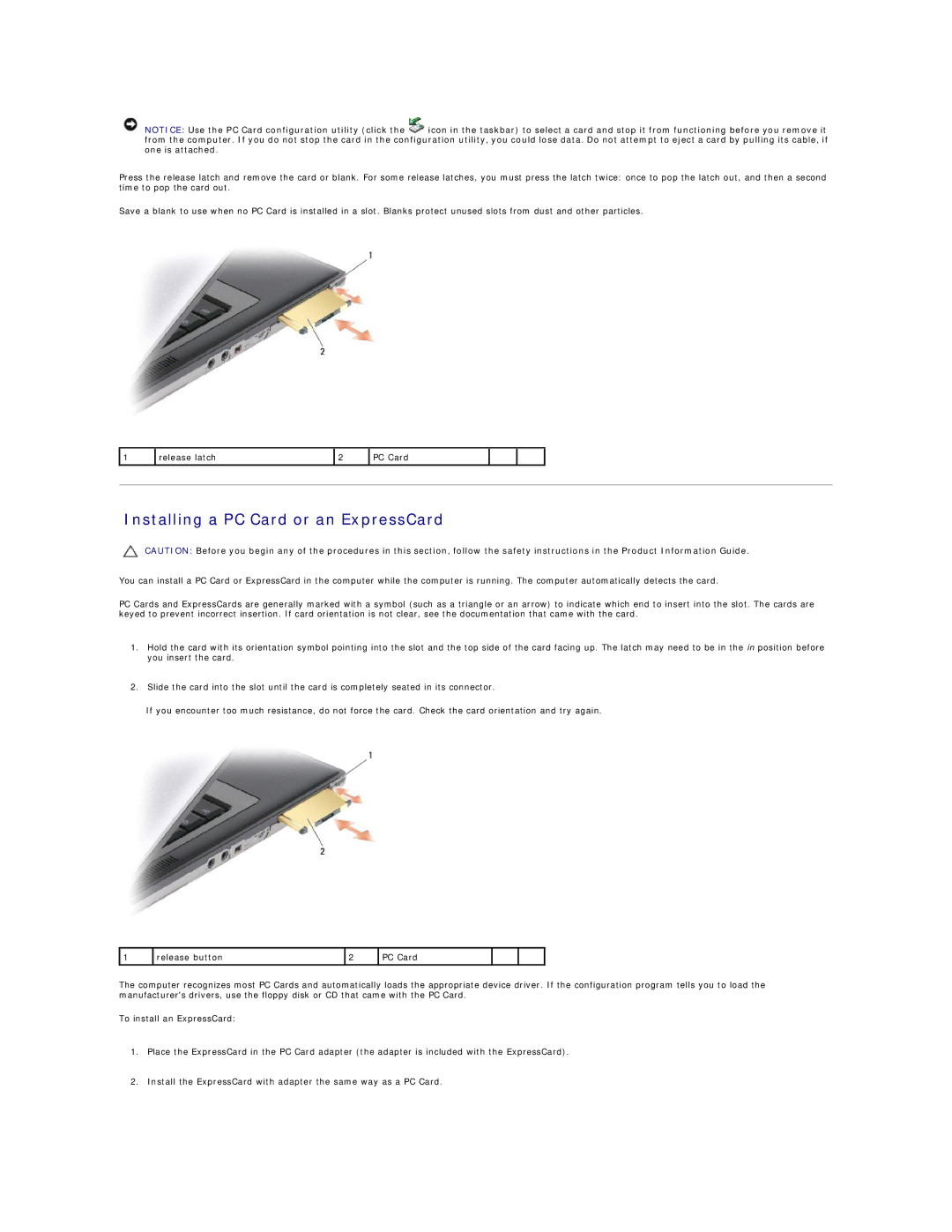 Dell D630-3N28FD1, D630-2X33GF1 manual Installing a PC Card or an ExpressCard 