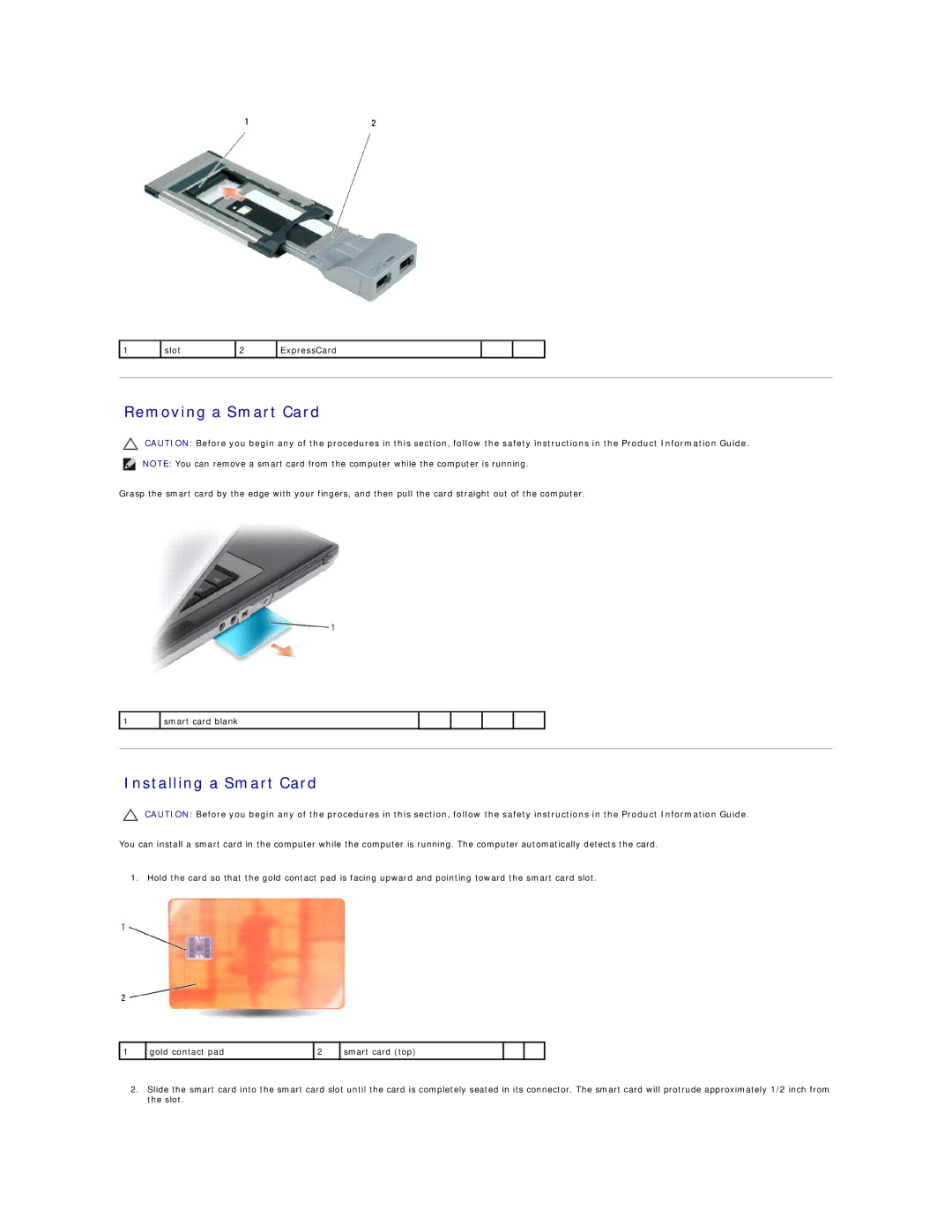 Dell D630-2X33GF1, D630-3N28FD1 manual Removing a Smart Card, Installing a Smart Card 