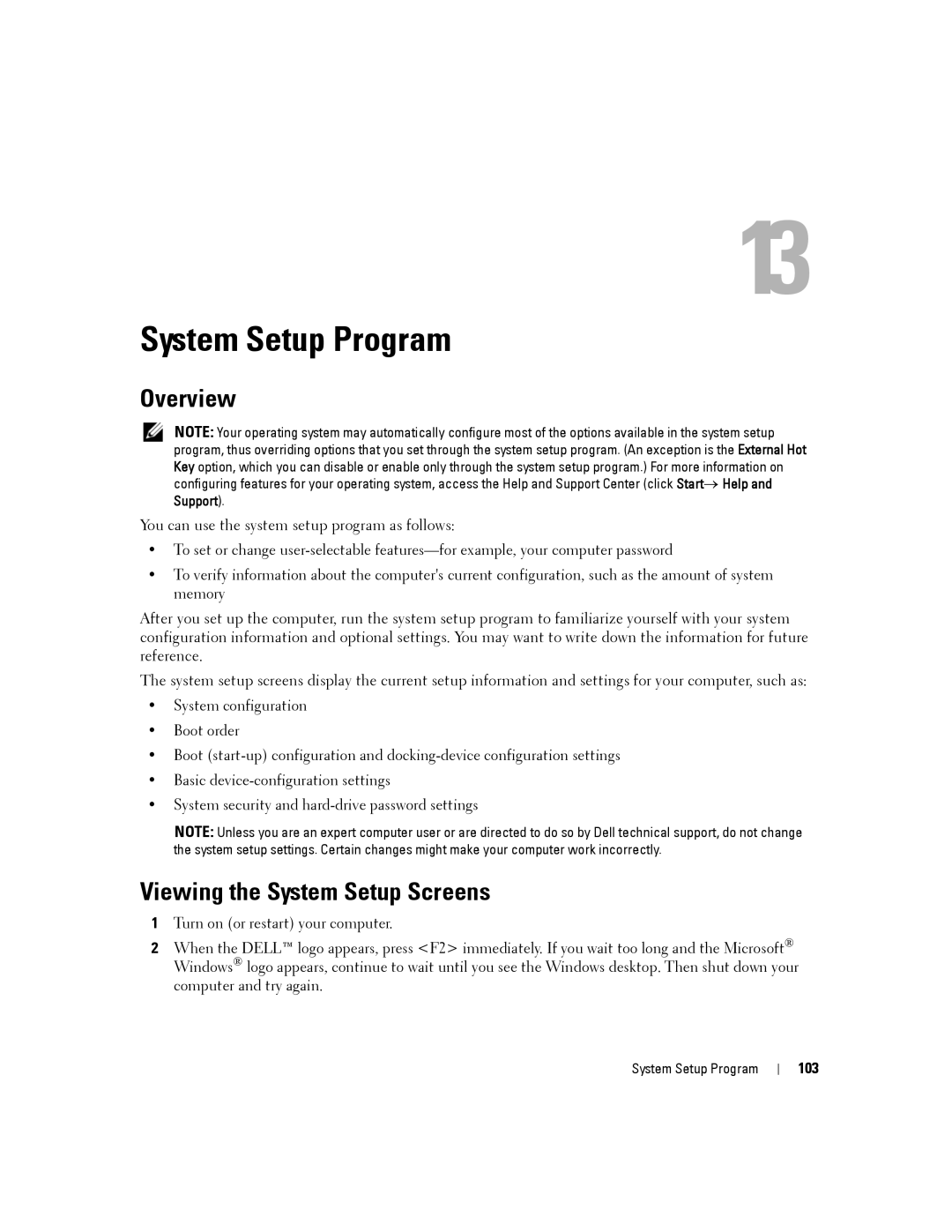 Dell D630-2X33GF1 manual System Setup Program, Overview, Viewing the System Setup Screens, 103 