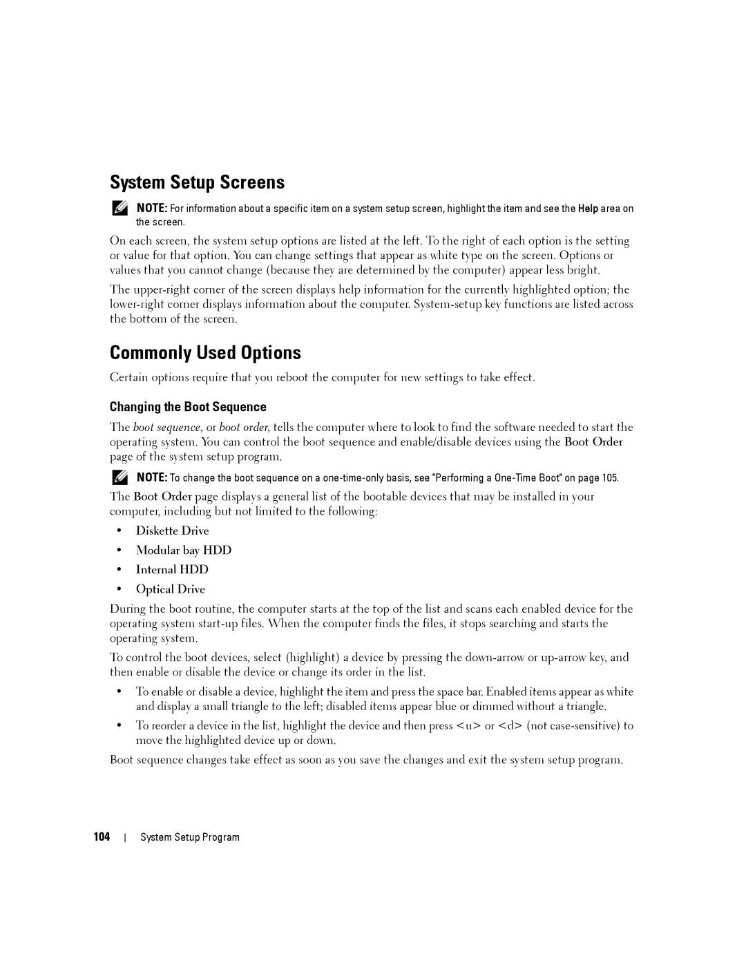 Dell D630-2X33GF1 manual System Setup Screens, Commonly Used Options, Changing the Boot Sequence, 104 