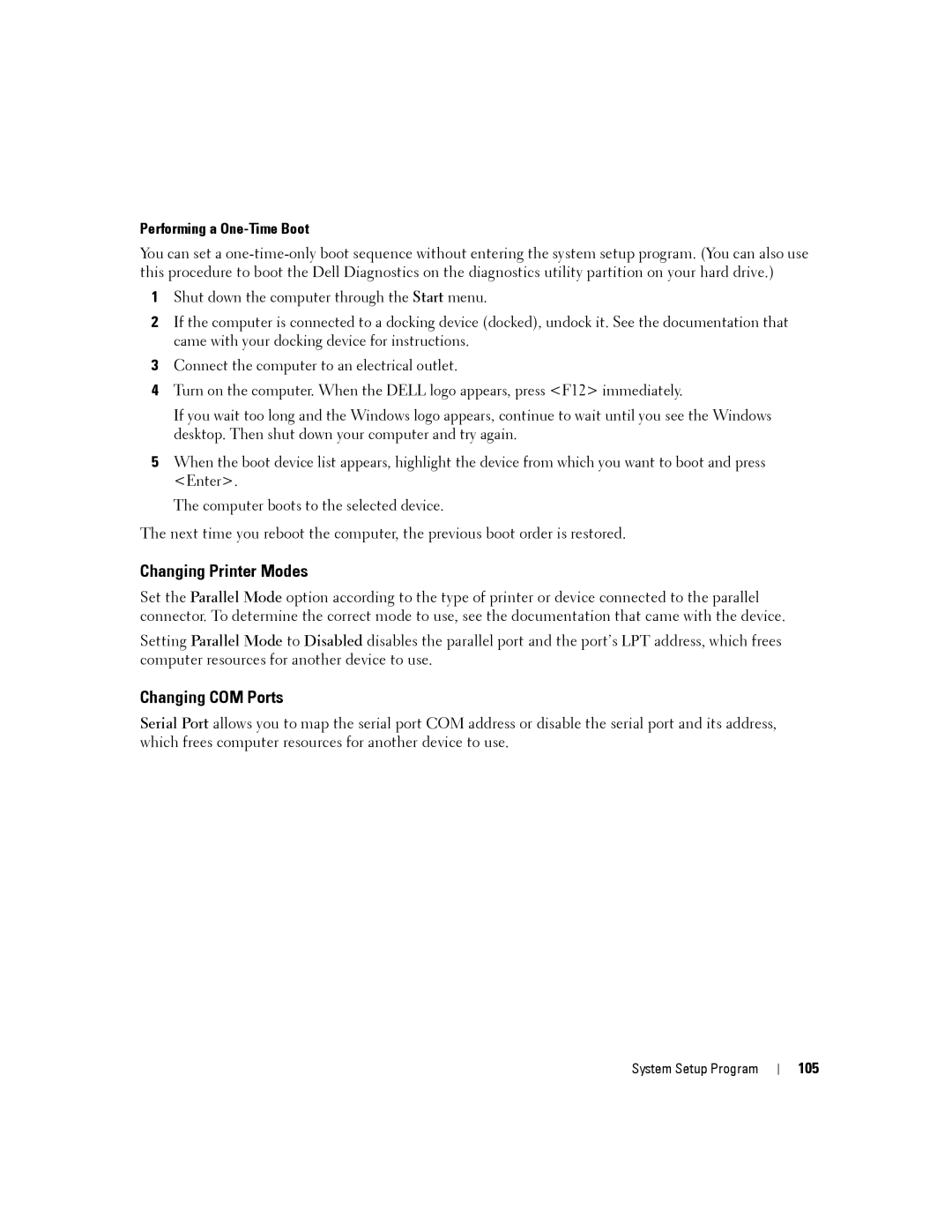 Dell D630-2X33GF1 manual Changing Printer Modes, Changing COM Ports, Performing a One-Time Boot, 105 