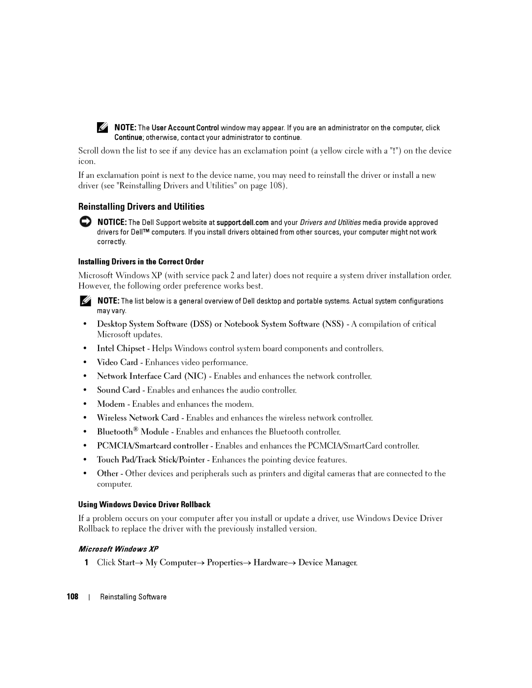 Dell D630-2X33GF1 manual Reinstalling Drivers and Utilities, Installing Drivers in the Correct Order, 108 