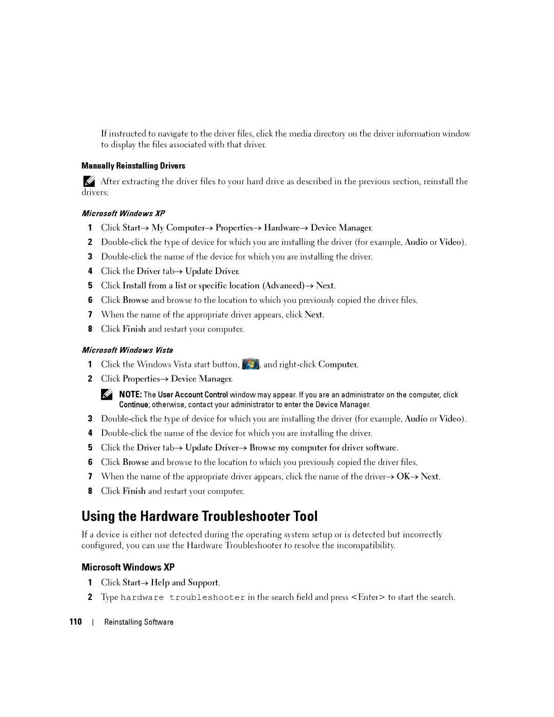 Dell D630-2X33GF1 manual Using the Hardware Troubleshooter Tool, Microsoft Windows XP, Manually Reinstalling Drivers, 110 