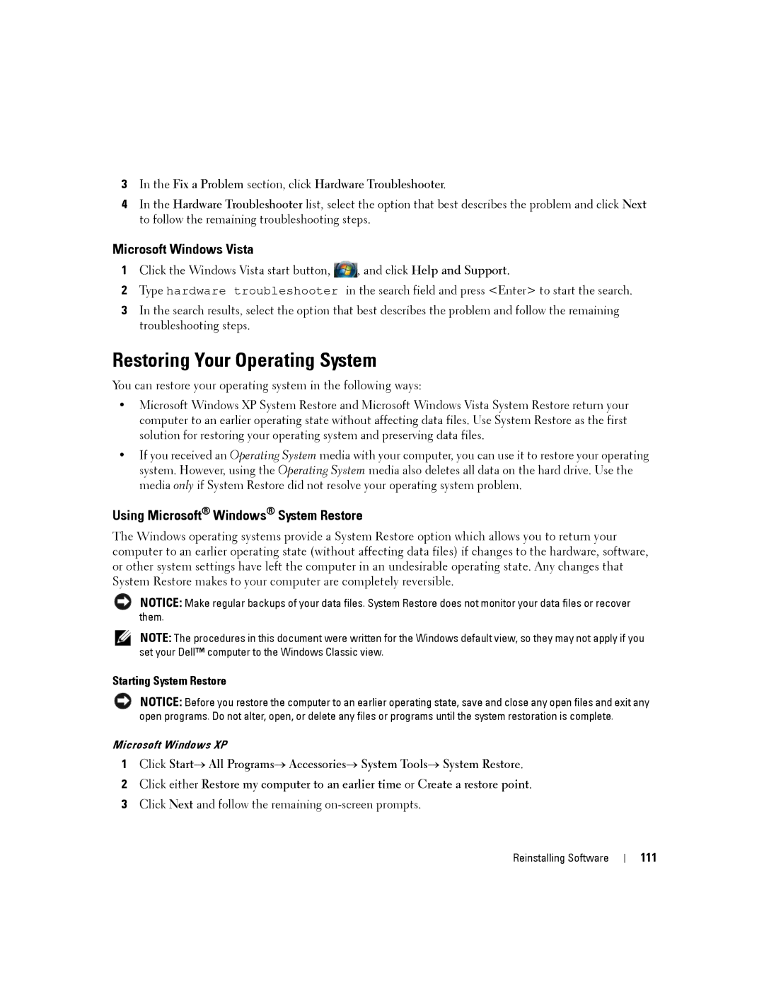 Dell D630-2X33GF1 Restoring Your Operating System, Microsoft Windows Vista, Using Microsoft Windows System Restore, 111 