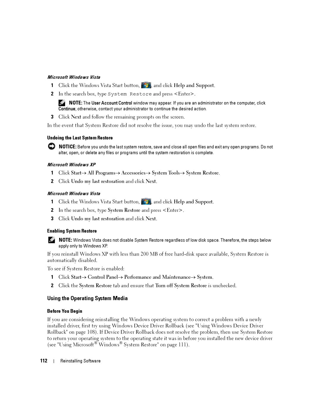 Dell D630-2X33GF1 manual Using the Operating System Media, Undoing the Last System Restore, Enabling System Restore, 112 