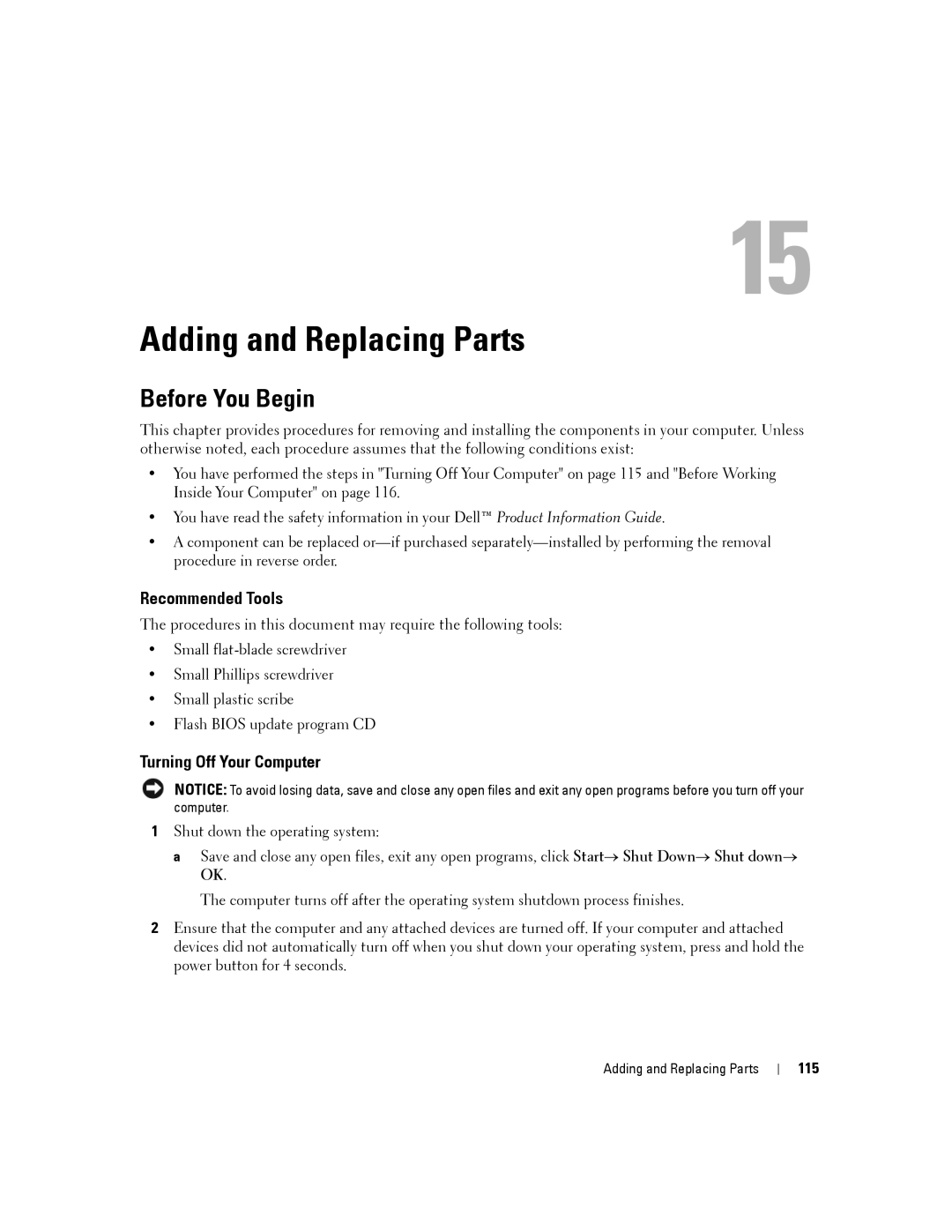 Dell D630-2X33GF1 manual Adding and Replacing Parts, Before You Begin, Recommended Tools, Turning Off Your Computer, 115 