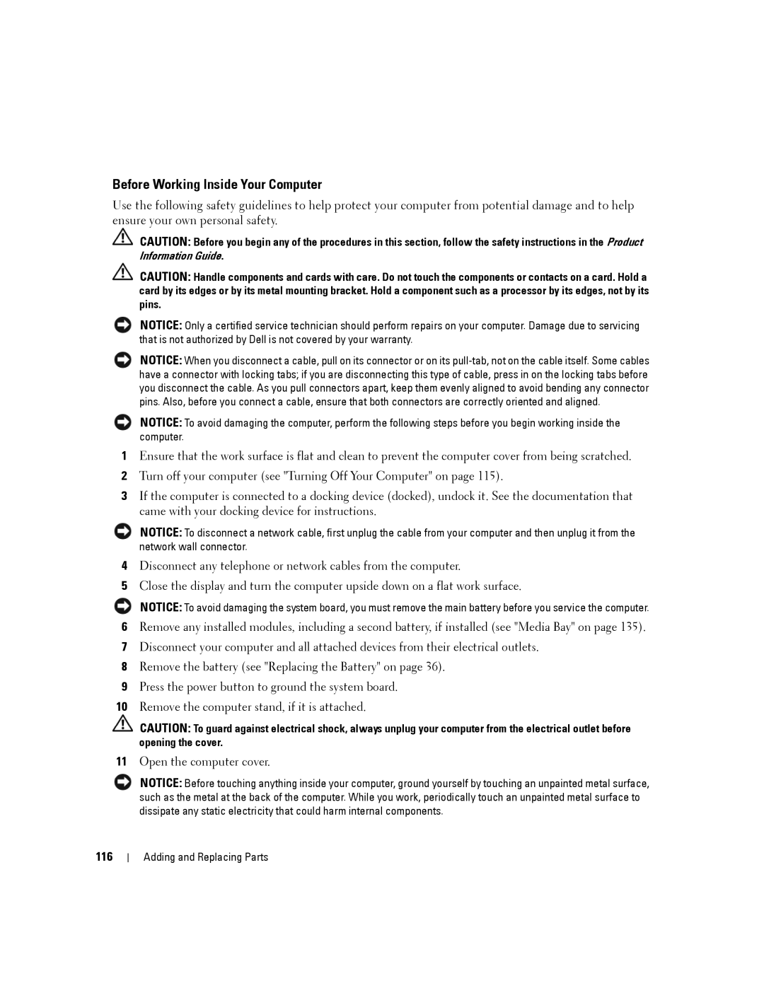 Dell D630-2X33GF1 manual Before Working Inside Your Computer, 116 