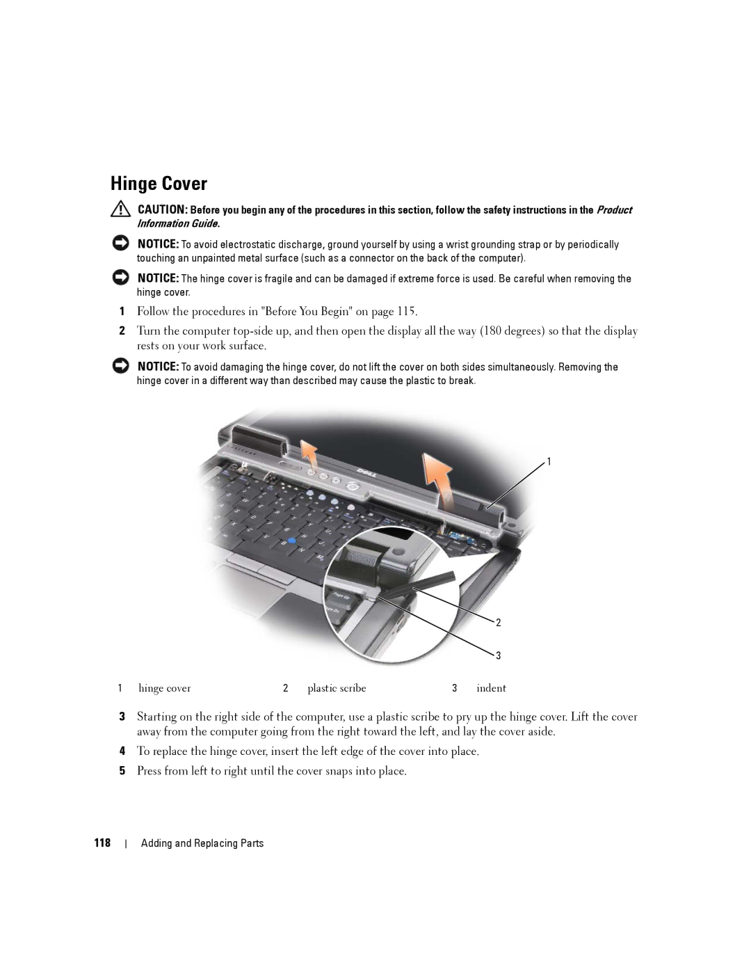 Dell D630-2X33GF1 manual Hinge Cover, 118 