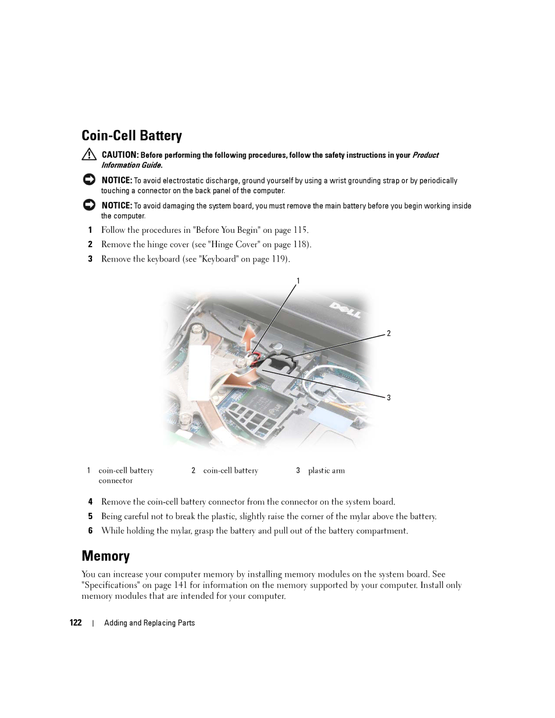 Dell D630-2X33GF1 manual Coin-Cell Battery, Memory, 122 