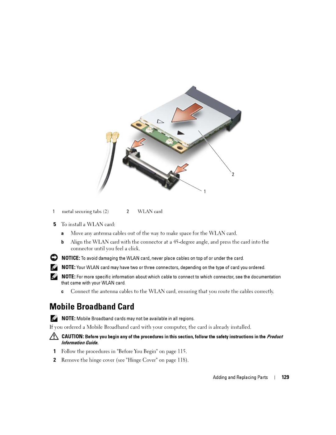 Dell D630-2X33GF1 manual Mobile Broadband Card, 129 