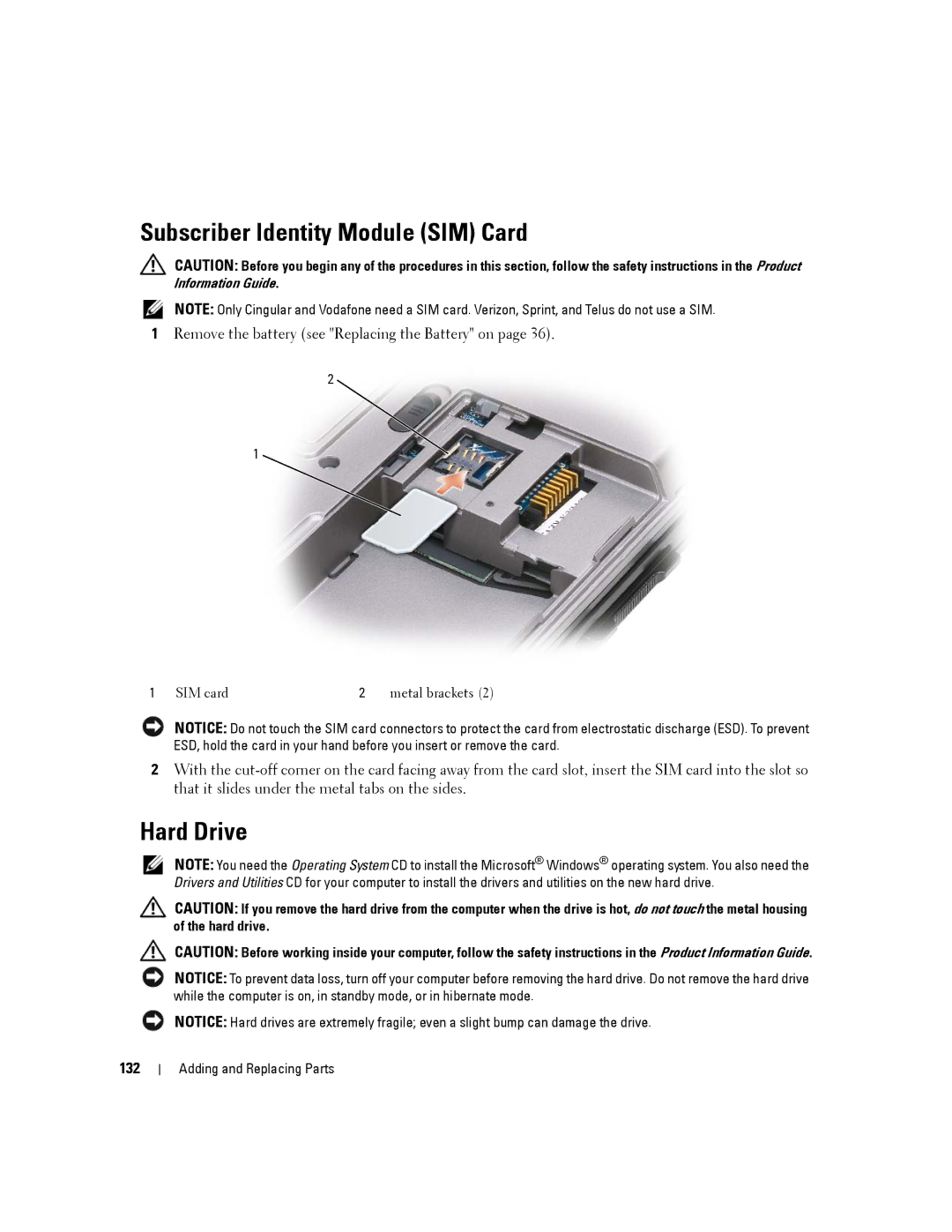 Dell D630-2X33GF1 manual Subscriber Identity Module SIM Card, Hard Drive, 132 