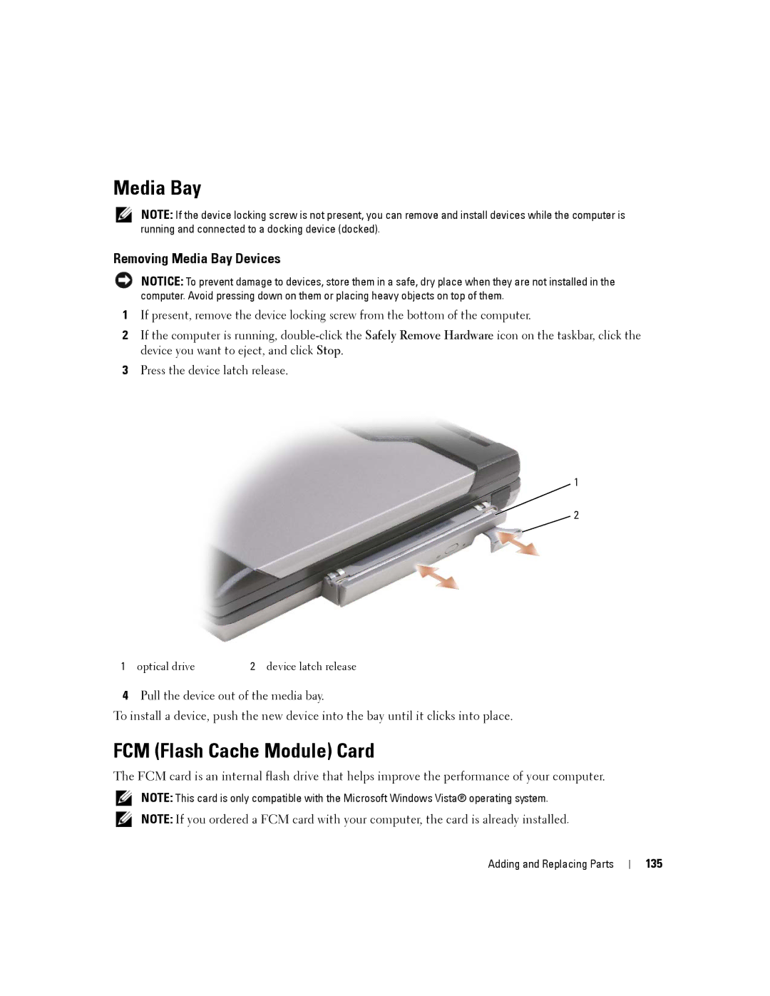 Dell D630-2X33GF1 manual FCM Flash Cache Module Card, Removing Media Bay Devices, 135 