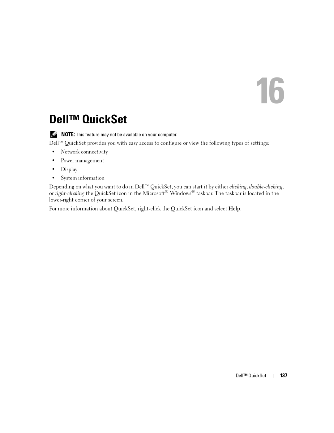 Dell D630-2X33GF1 manual Dell QuickSet, 137 