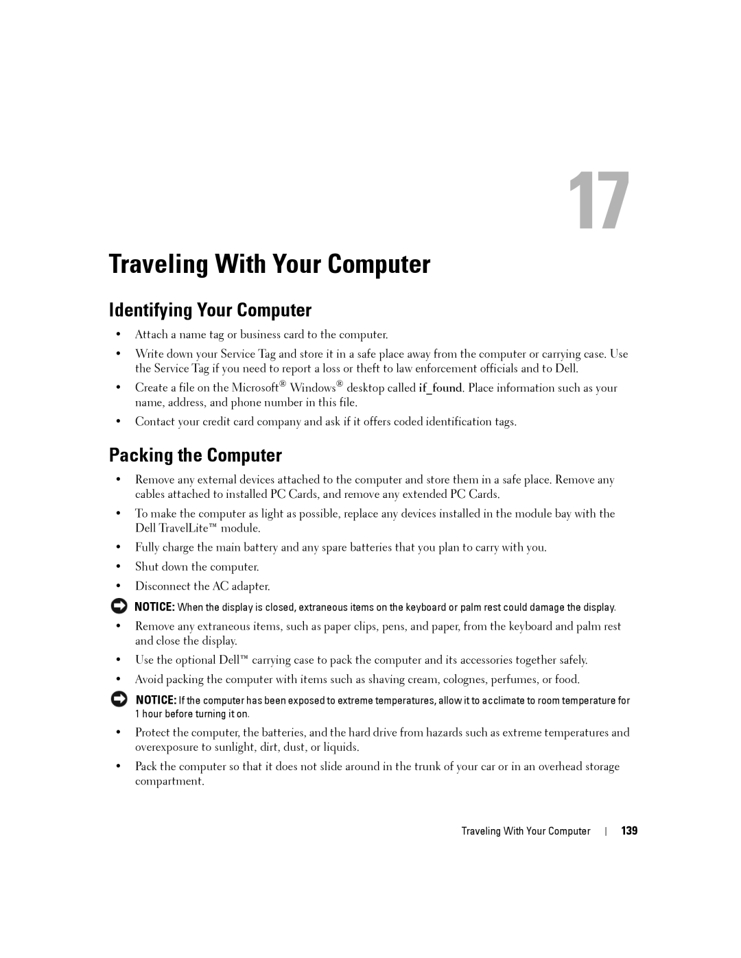 Dell D630-2X33GF1 manual Traveling With Your Computer, Identifying Your Computer, Packing the Computer, 139 