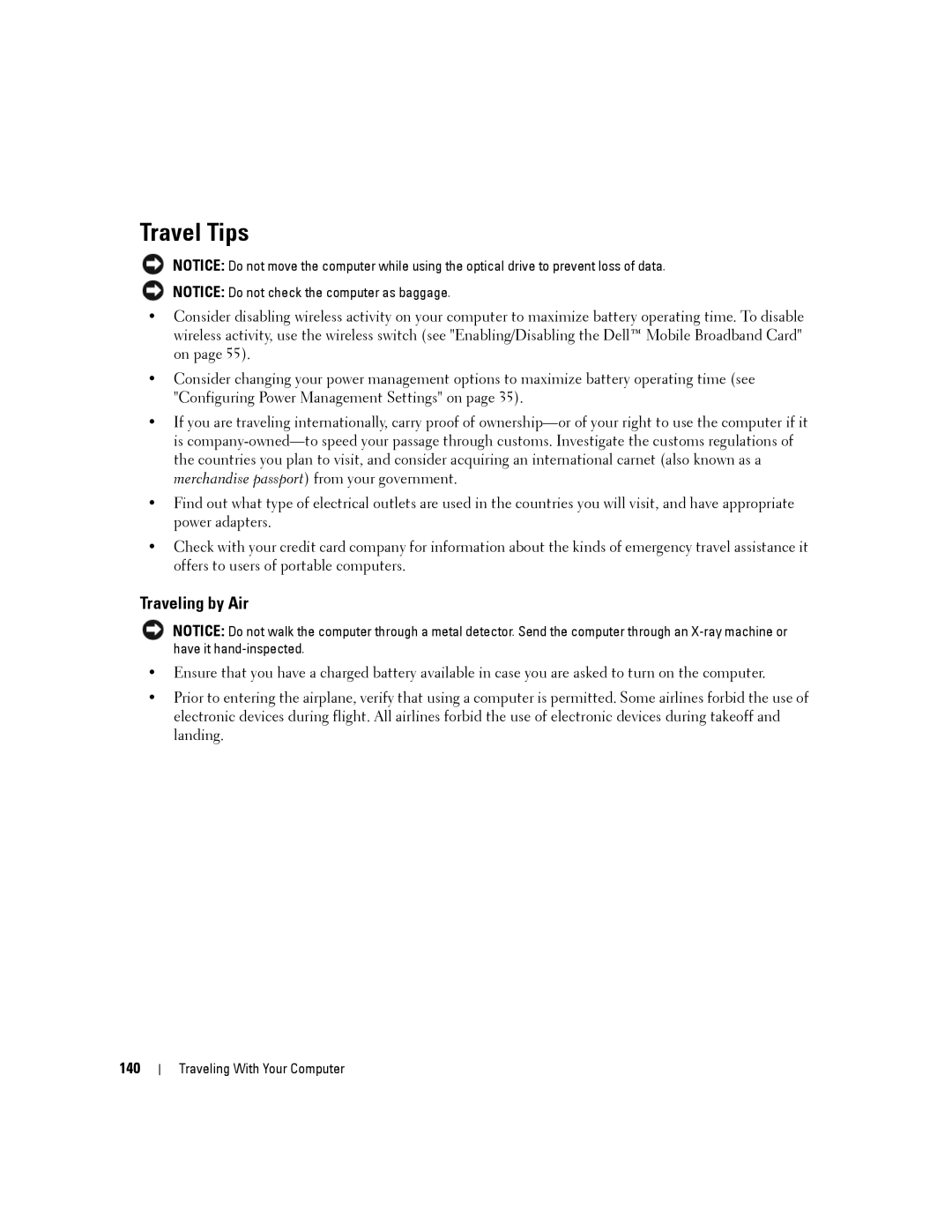 Dell D630-2X33GF1 manual Travel Tips, Traveling by Air, 140 