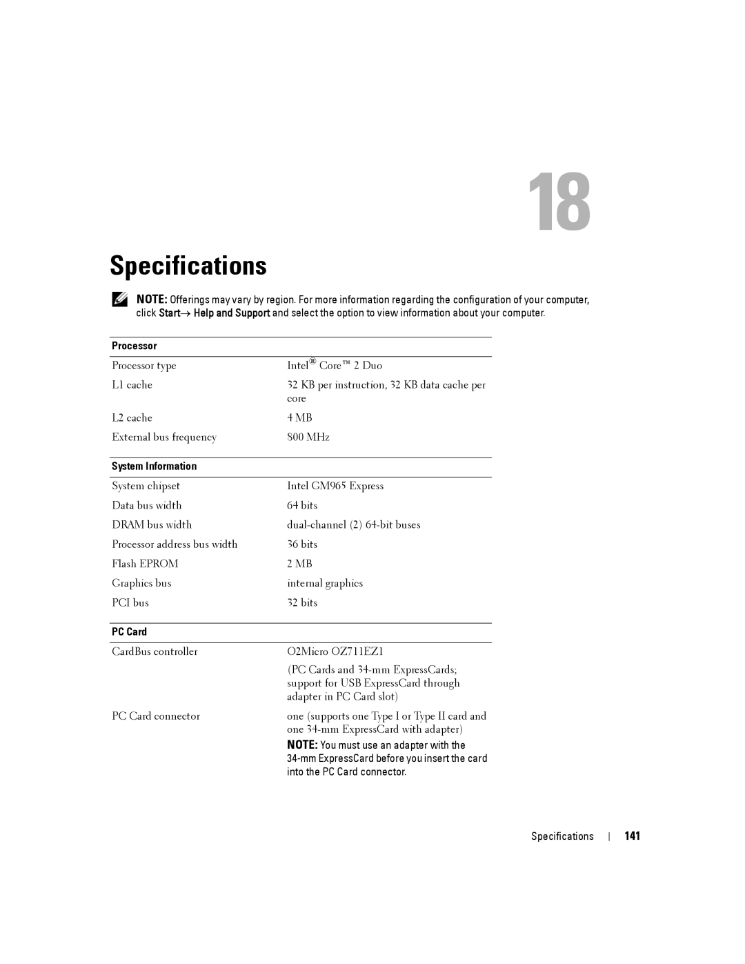 Dell D630-2X33GF1 manual Specifications, 141, Processor, System Information, PC Card 