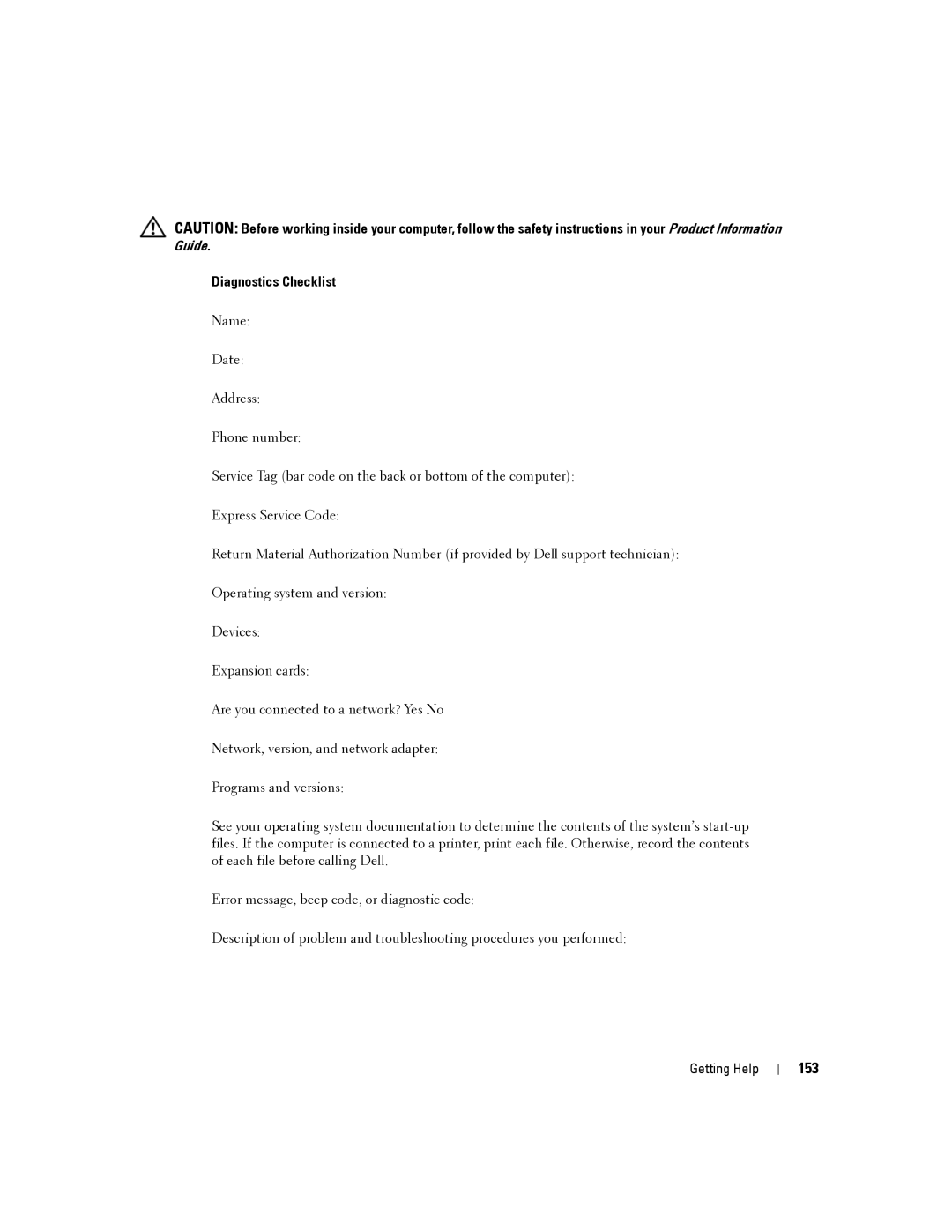 Dell D630-2X33GF1 manual 153, Diagnostics Checklist 