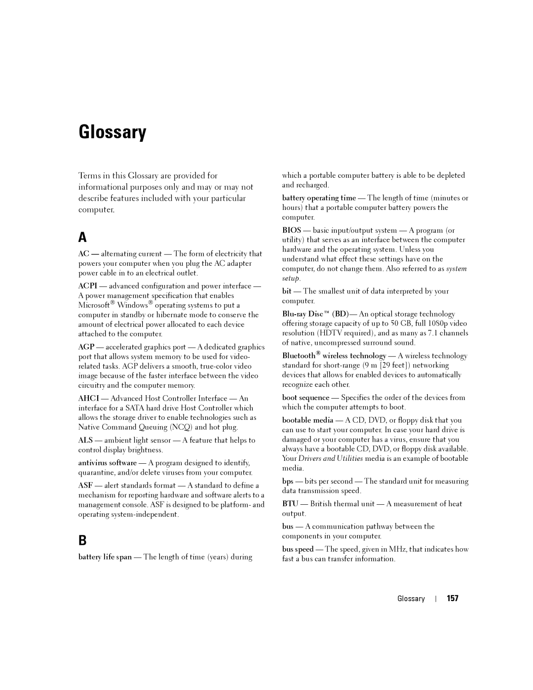 Dell D630-2X33GF1 manual Glossary, 157 