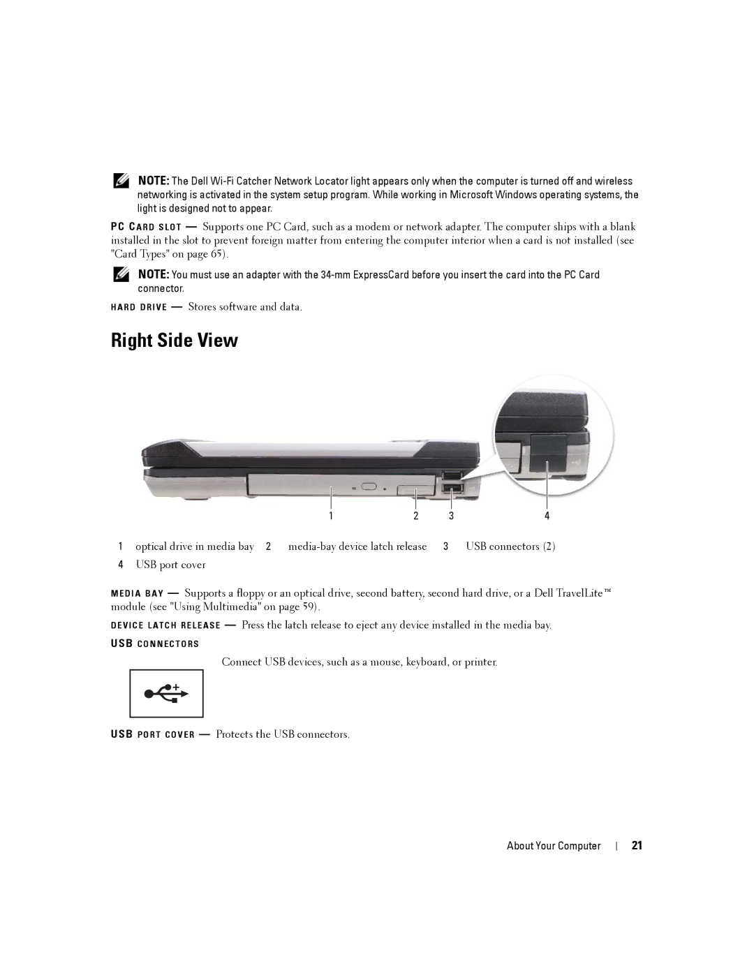 Dell D630-2X33GF1 manual Right Side View 