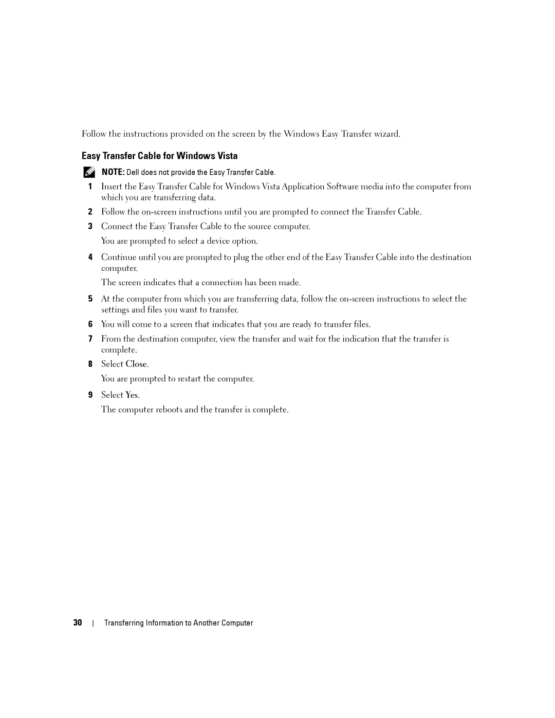 Dell D630-2X33GF1 manual Easy Transfer Cable for Windows Vista 