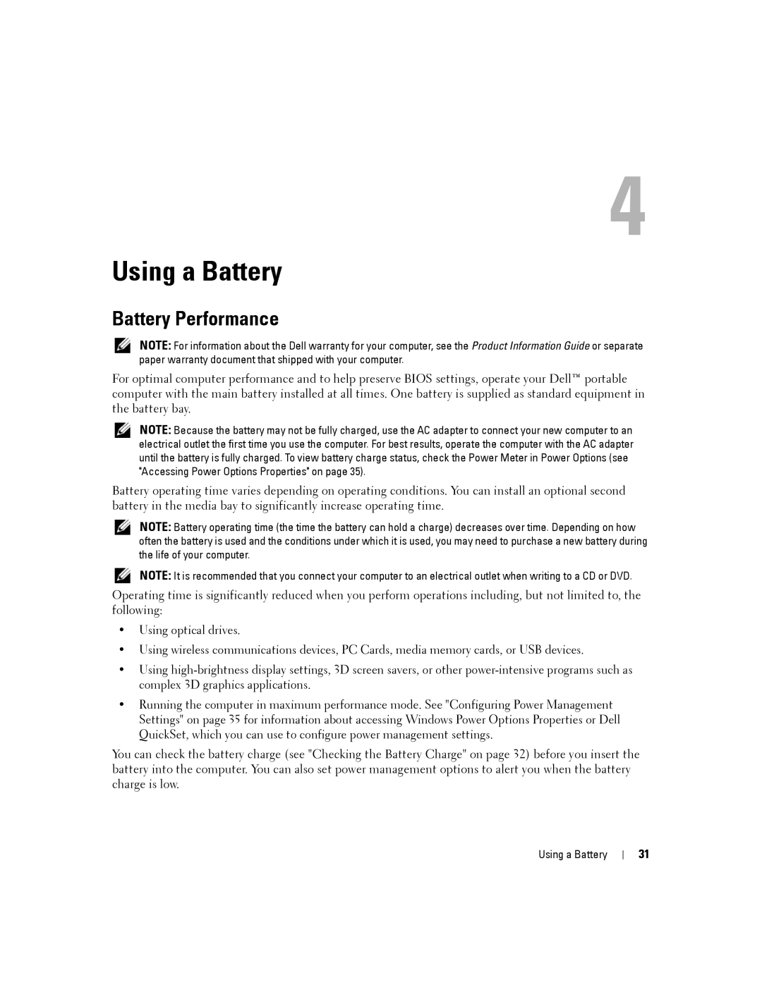 Dell D630-2X33GF1 manual Using a Battery, Battery Performance 