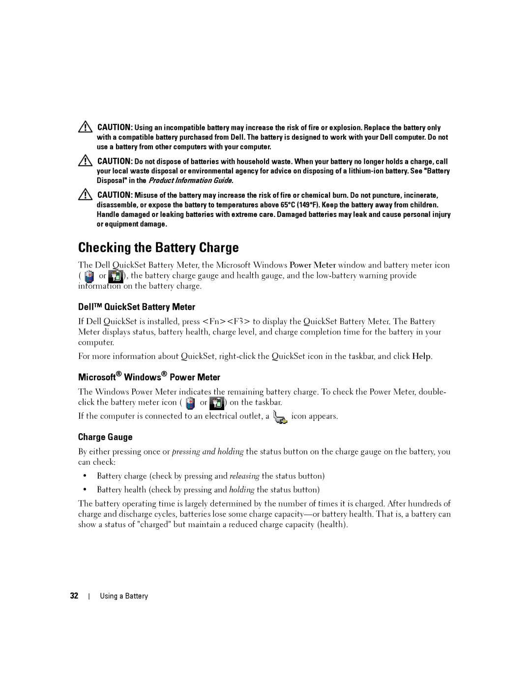 Dell D630-2X33GF1 Checking the Battery Charge, Dell QuickSet Battery Meter, Microsoft Windows Power Meter, Charge Gauge 