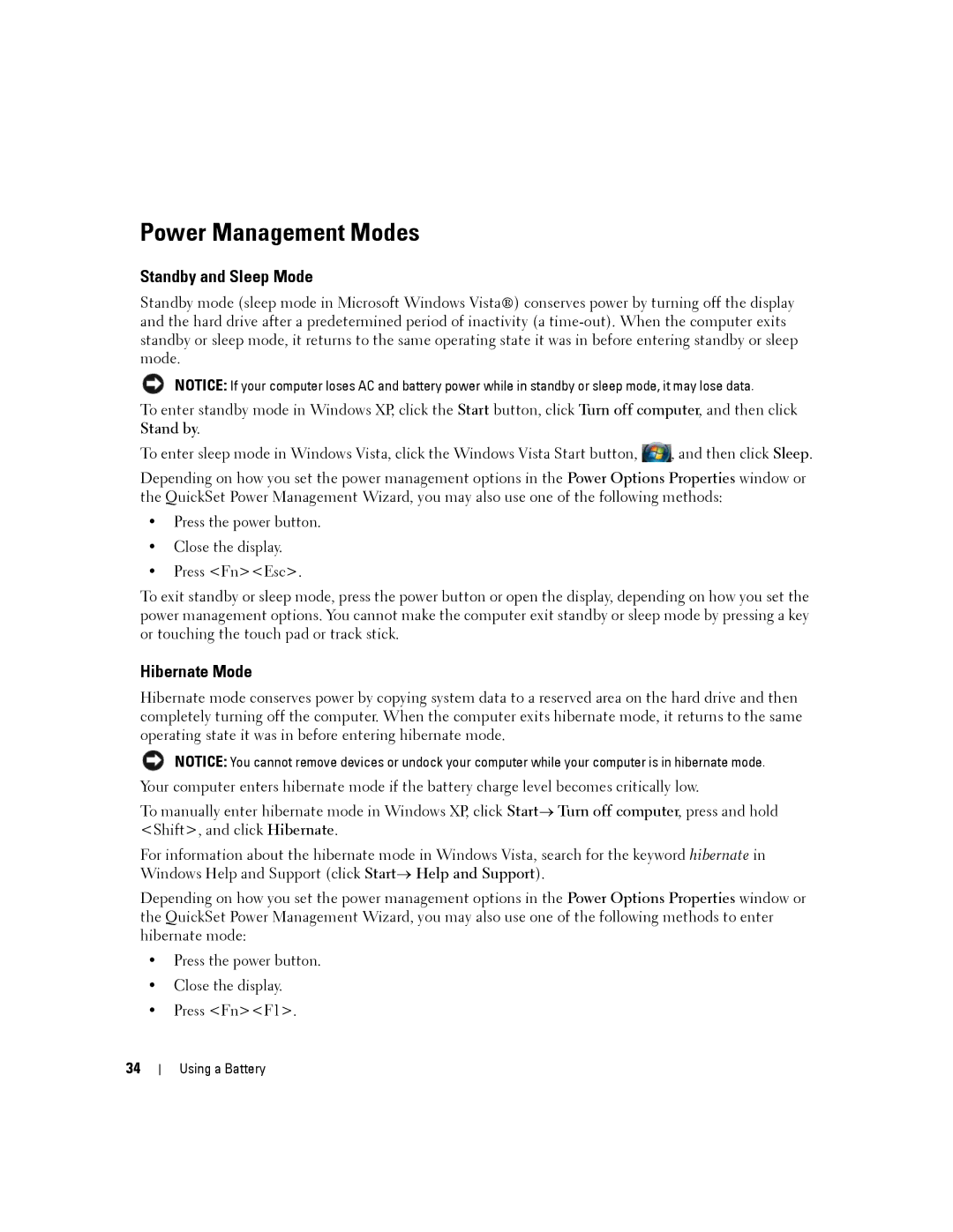 Dell D630-2X33GF1 manual Power Management Modes, Standby and Sleep Mode, Hibernate Mode 