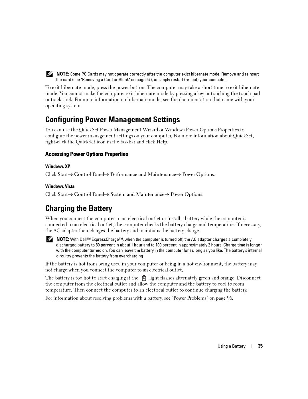 Dell D630-2X33GF1 manual Configuring Power Management Settings, Charging the Battery, Accessing Power Options Properties 