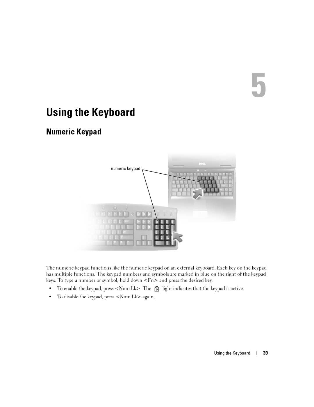 Dell D630-2X33GF1 manual Using the Keyboard, Numeric Keypad 