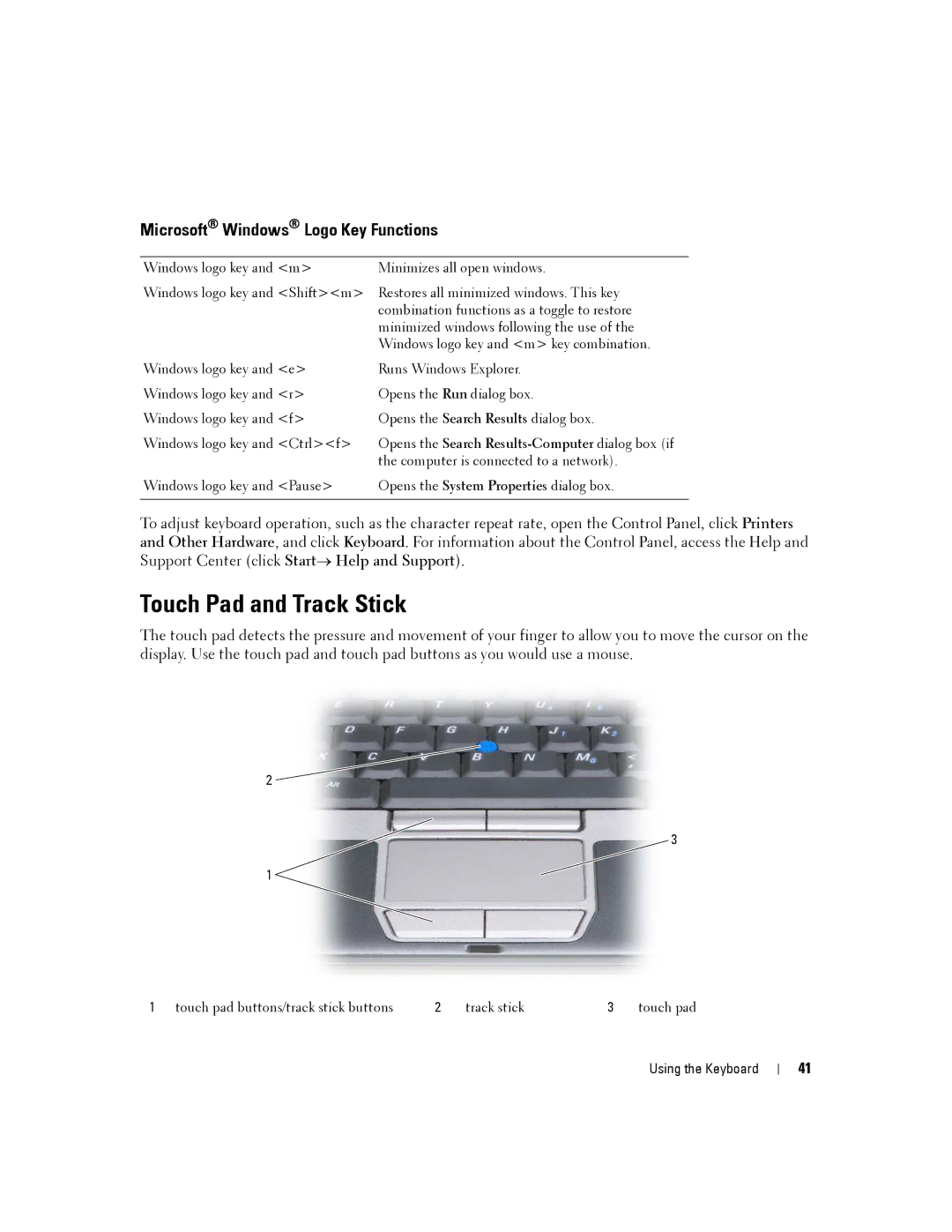 Dell D630-2X33GF1 manual Touch Pad and Track Stick, Microsoft Windows Logo Key Functions 