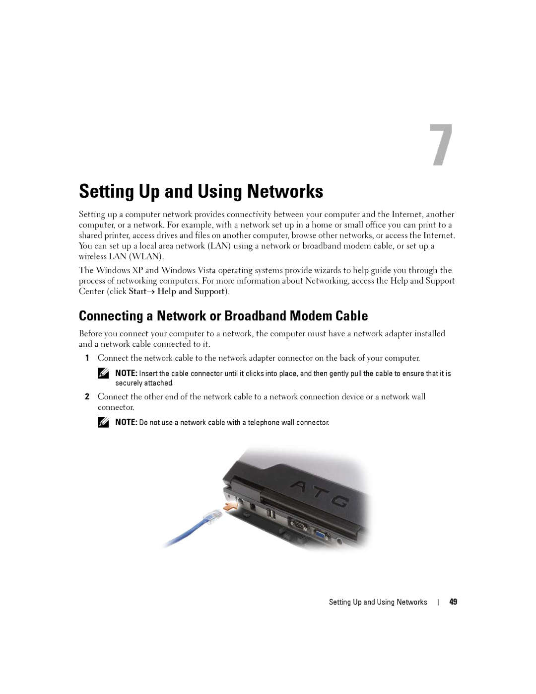 Dell D630-2X33GF1 manual Setting Up and Using Networks, Connecting a Network or Broadband Modem Cable 