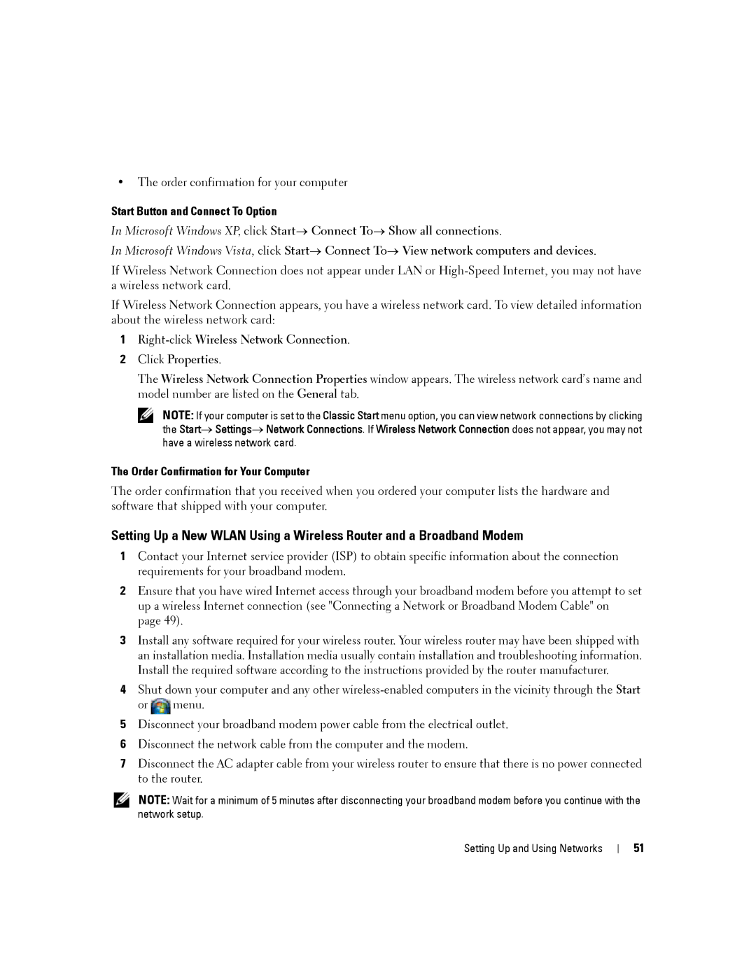 Dell D630-2X33GF1 manual Start Button and Connect To Option, Right-clickWireless Network Connection Click Properties 