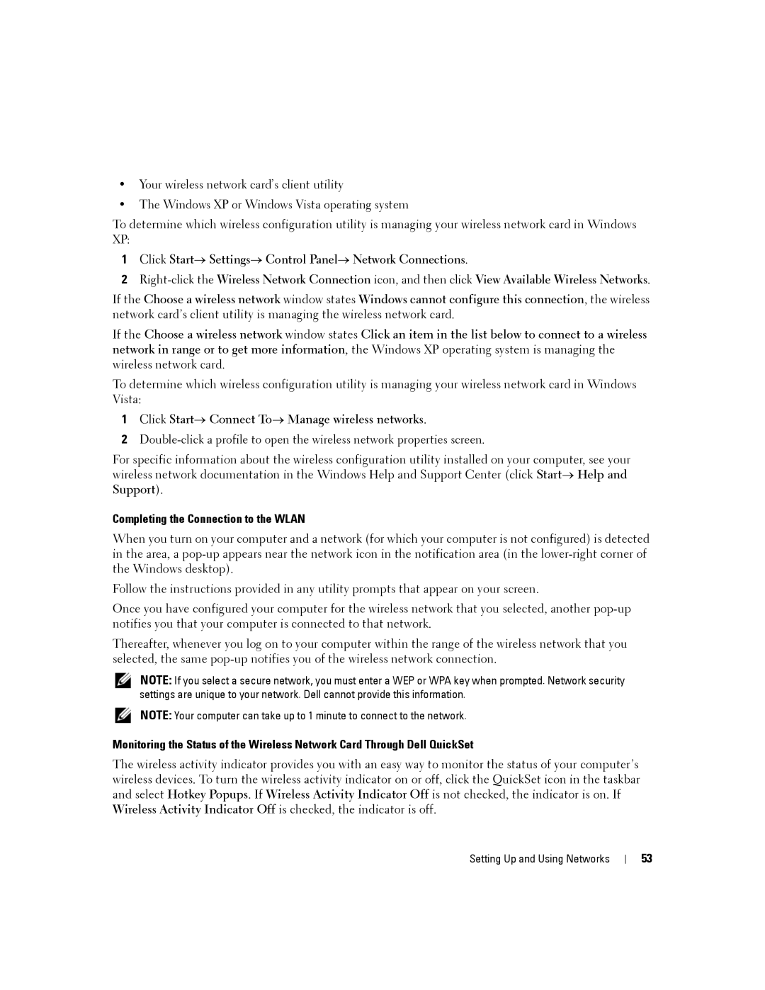 Dell D630-2X33GF1 manual Click Start→ Connect To→ Manage wireless networks, Completing the Connection to the Wlan 