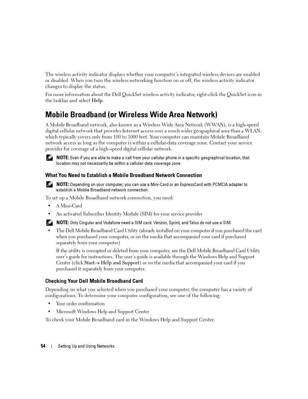 Dell D630-2X33GF1 manual Mobile Broadband or Wireless Wide Area Network, Checking Your Dell Mobile Broadband Card 