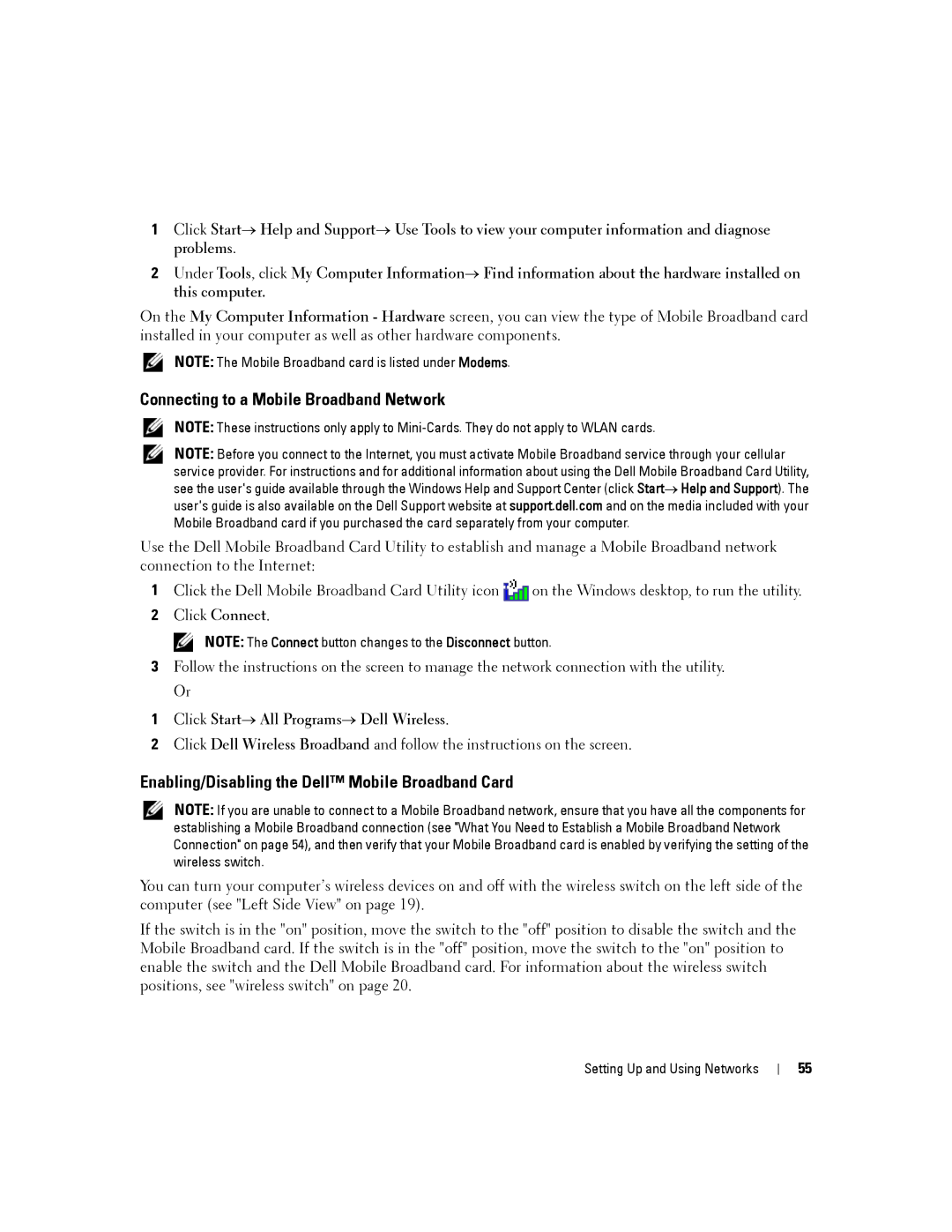 Dell D630-2X33GF1 manual Connecting to a Mobile Broadband Network, Enabling/Disabling the Dell Mobile Broadband Card 