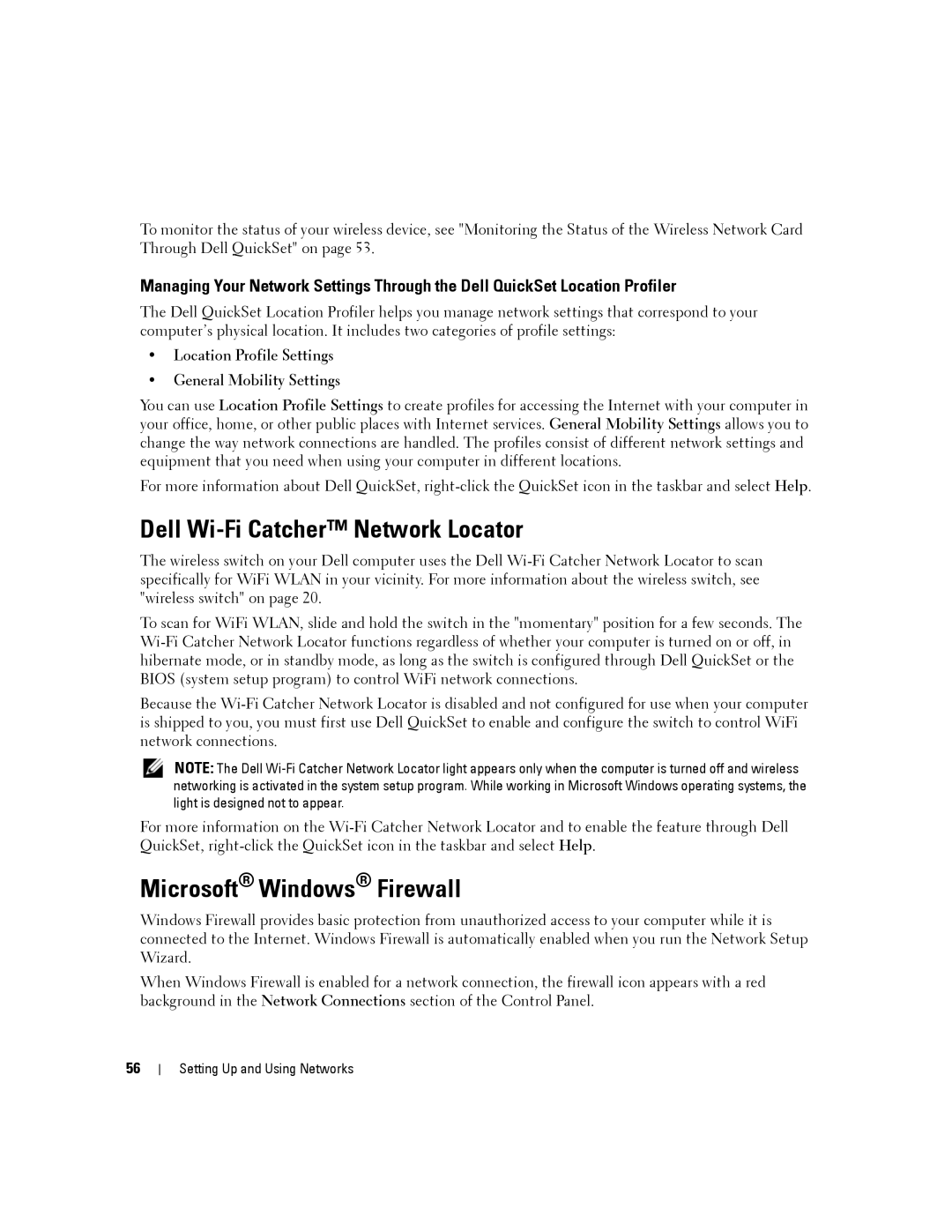 Dell D630-2X33GF1 manual Dell Wi-Fi Catcher Network Locator, Microsoft Windows Firewall 