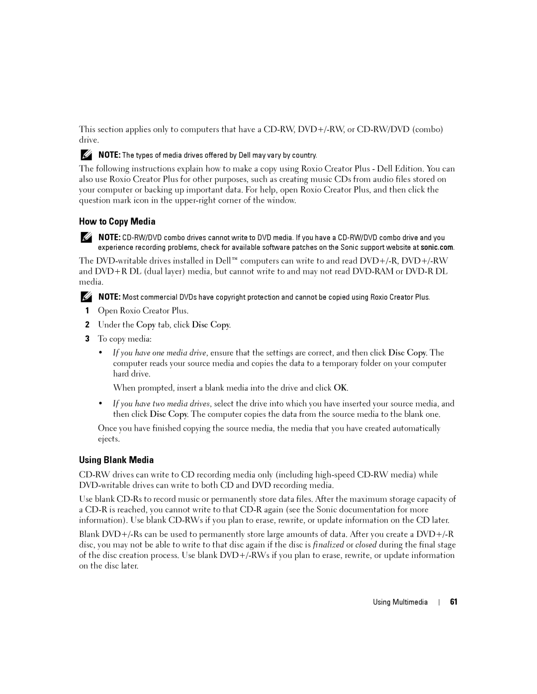 Dell D630-2X33GF1 manual How to Copy Media, Using Blank Media 