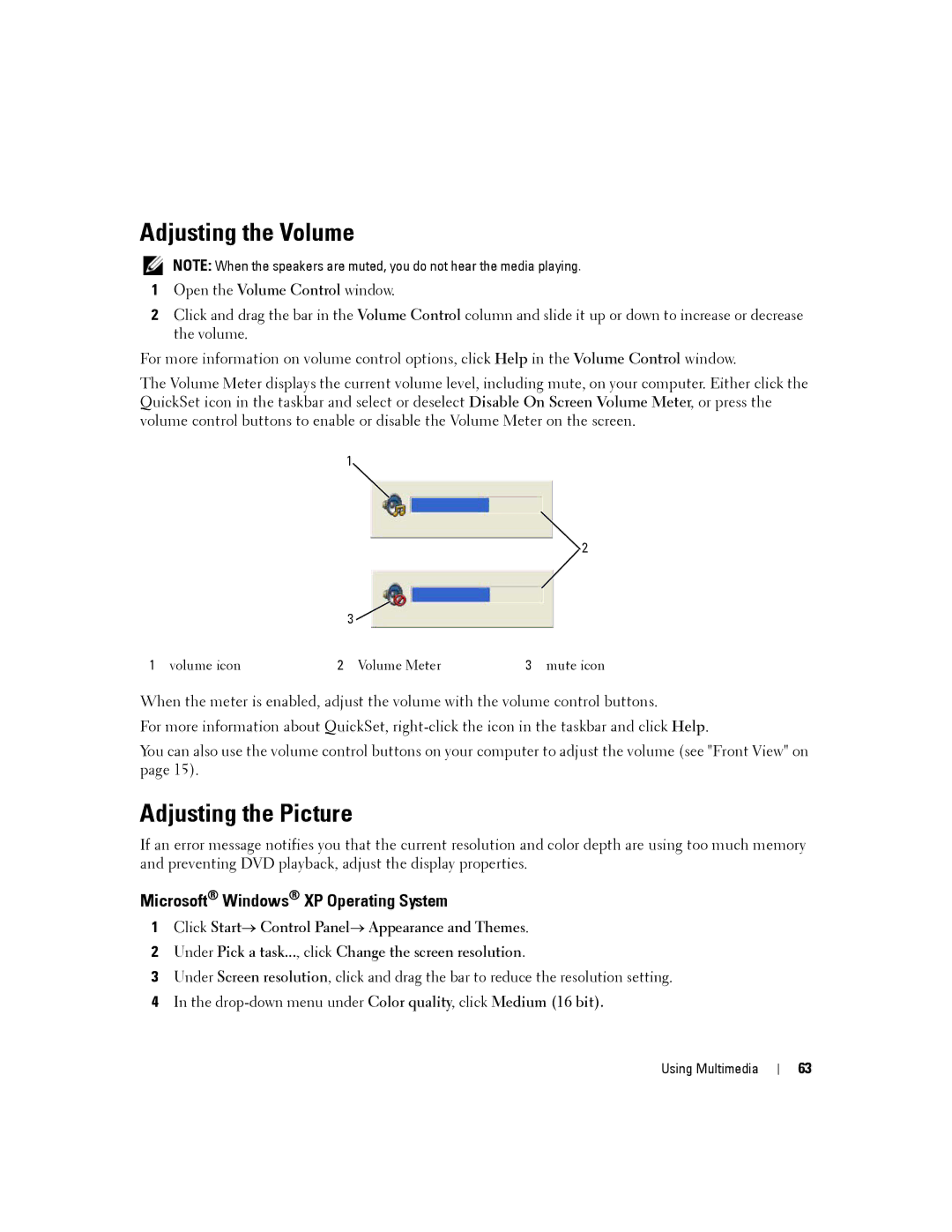 Dell D630-2X33GF1 manual Adjusting the Volume, Adjusting the Picture, Microsoft Windows XP Operating System 