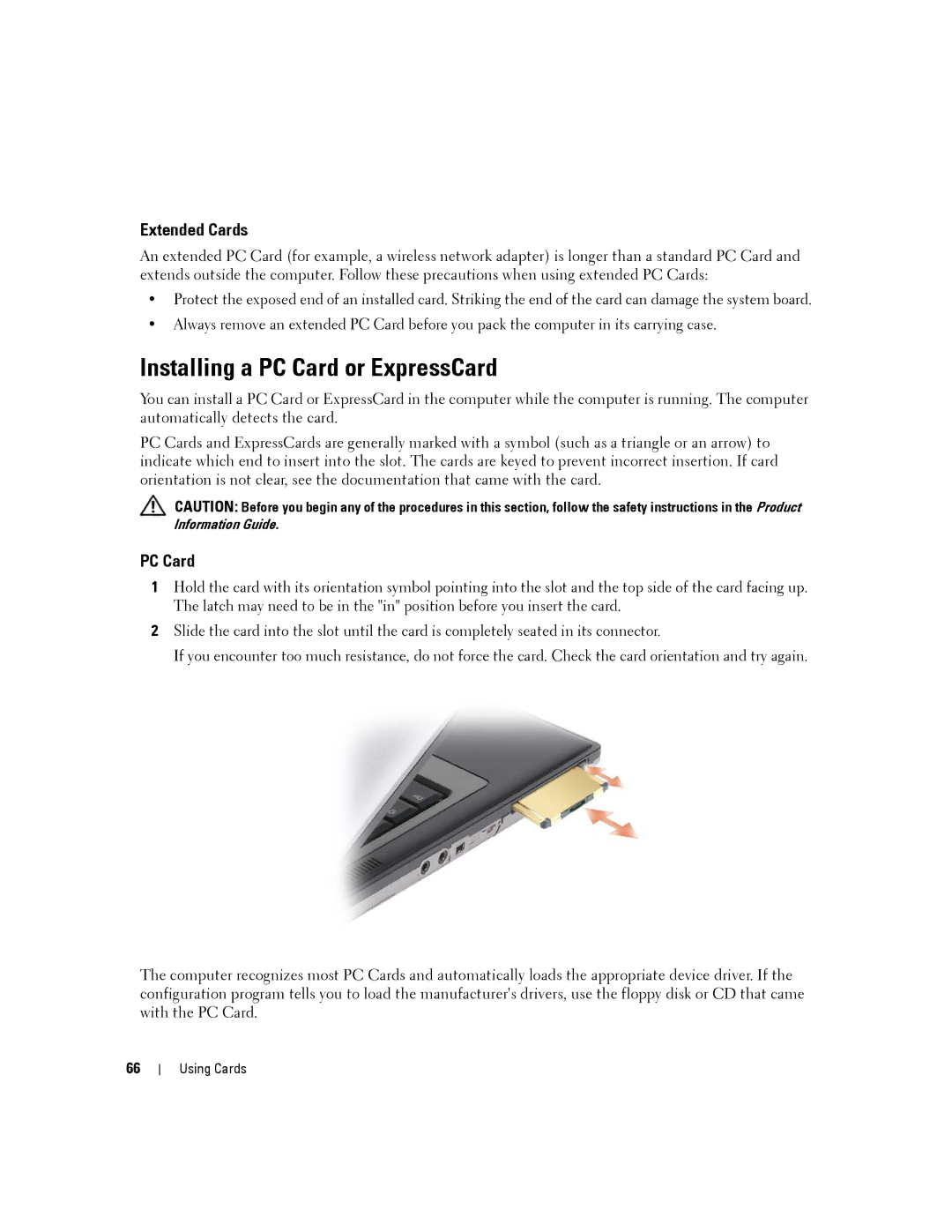 Dell D630-2X33GF1 manual Installing a PC Card or ExpressCard, Extended Cards 