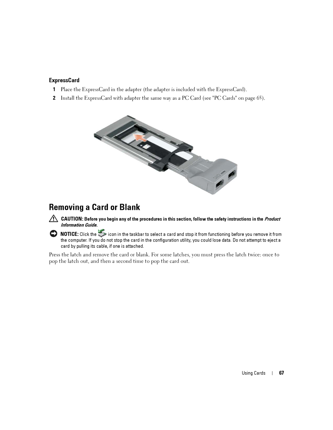 Dell D630-2X33GF1 manual Removing a Card or Blank, ExpressCard 