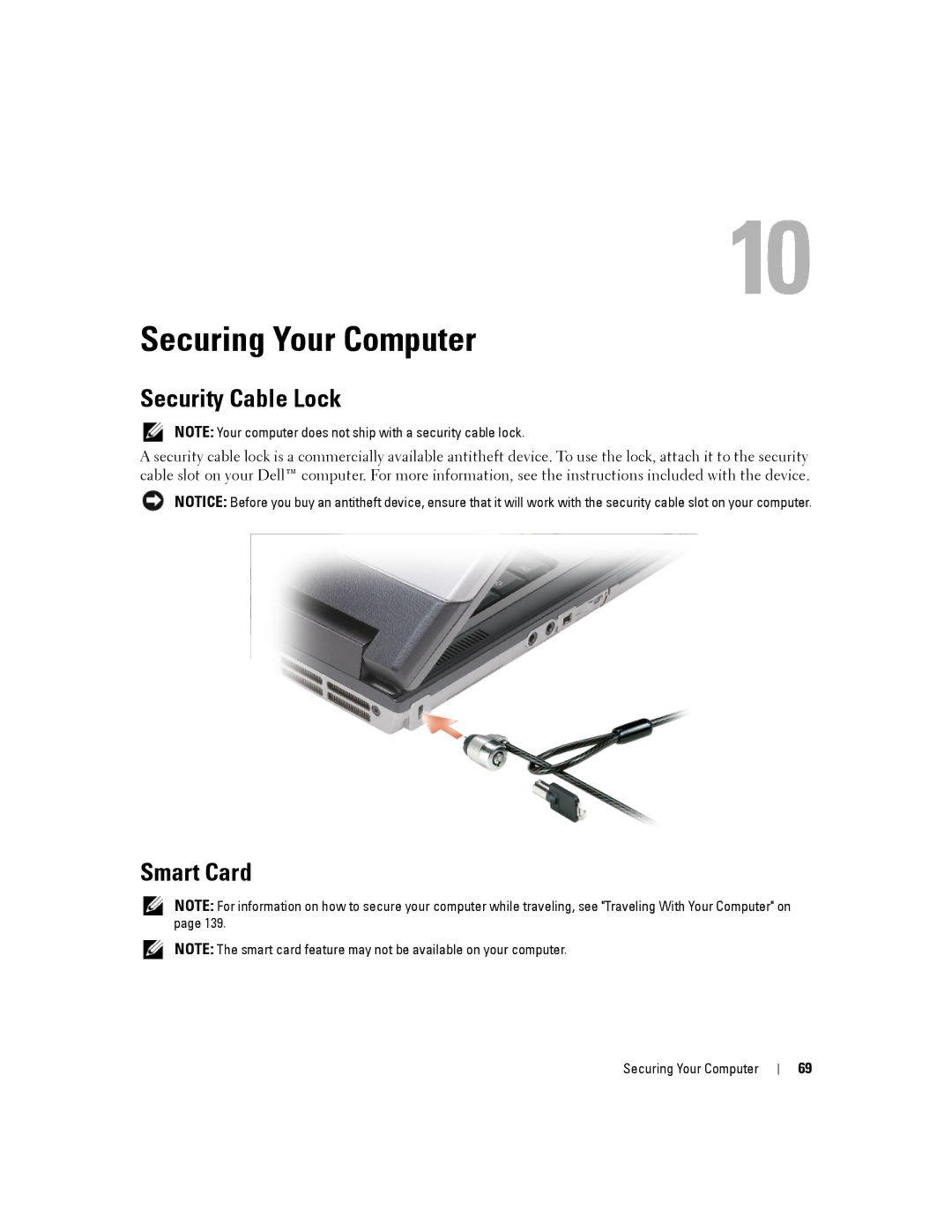 Dell D630-2X33GF1 manual Securing Your Computer, Security Cable Lock, Smart Card 